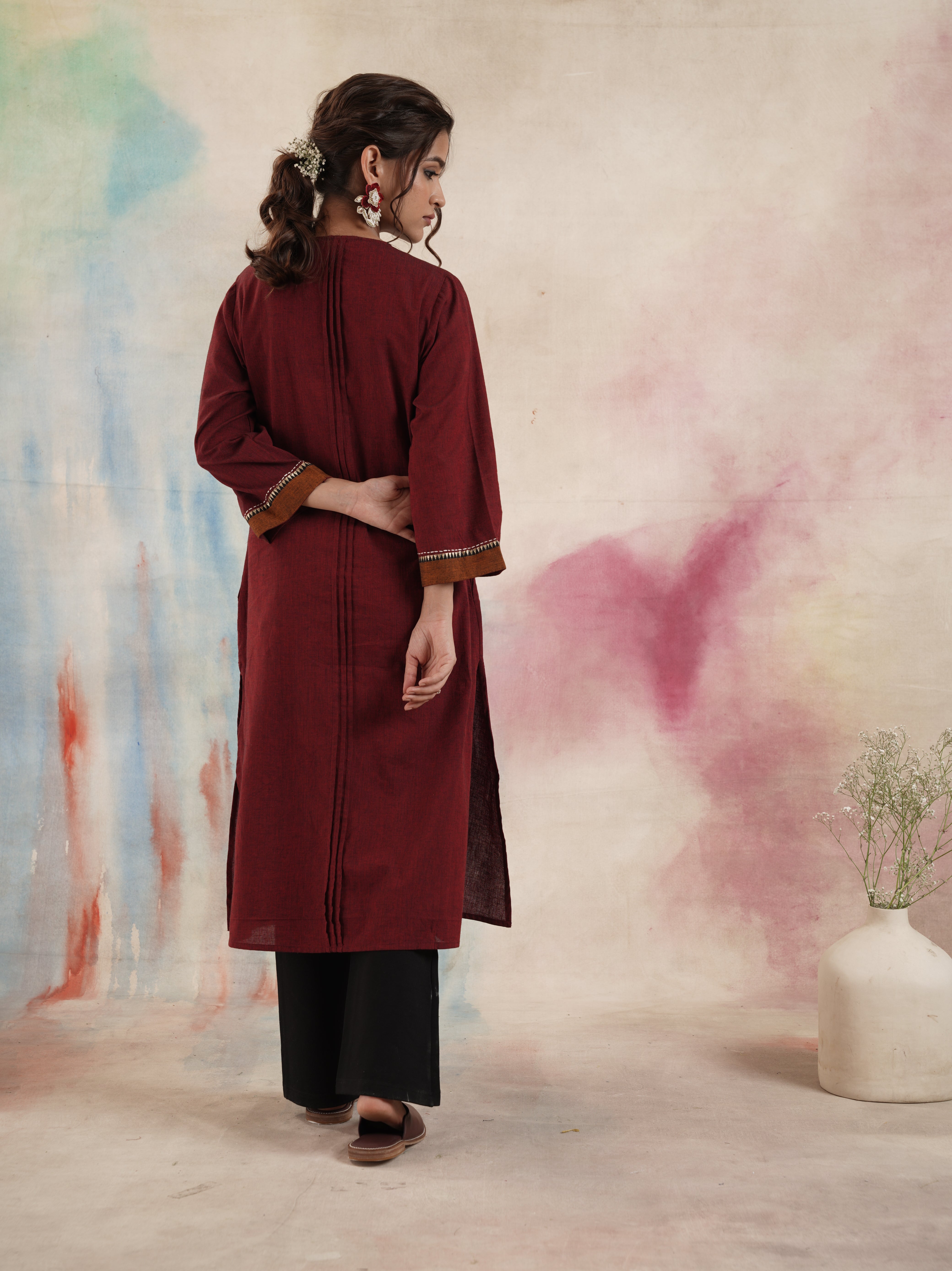 Women's Maroon Colour Block Kurta