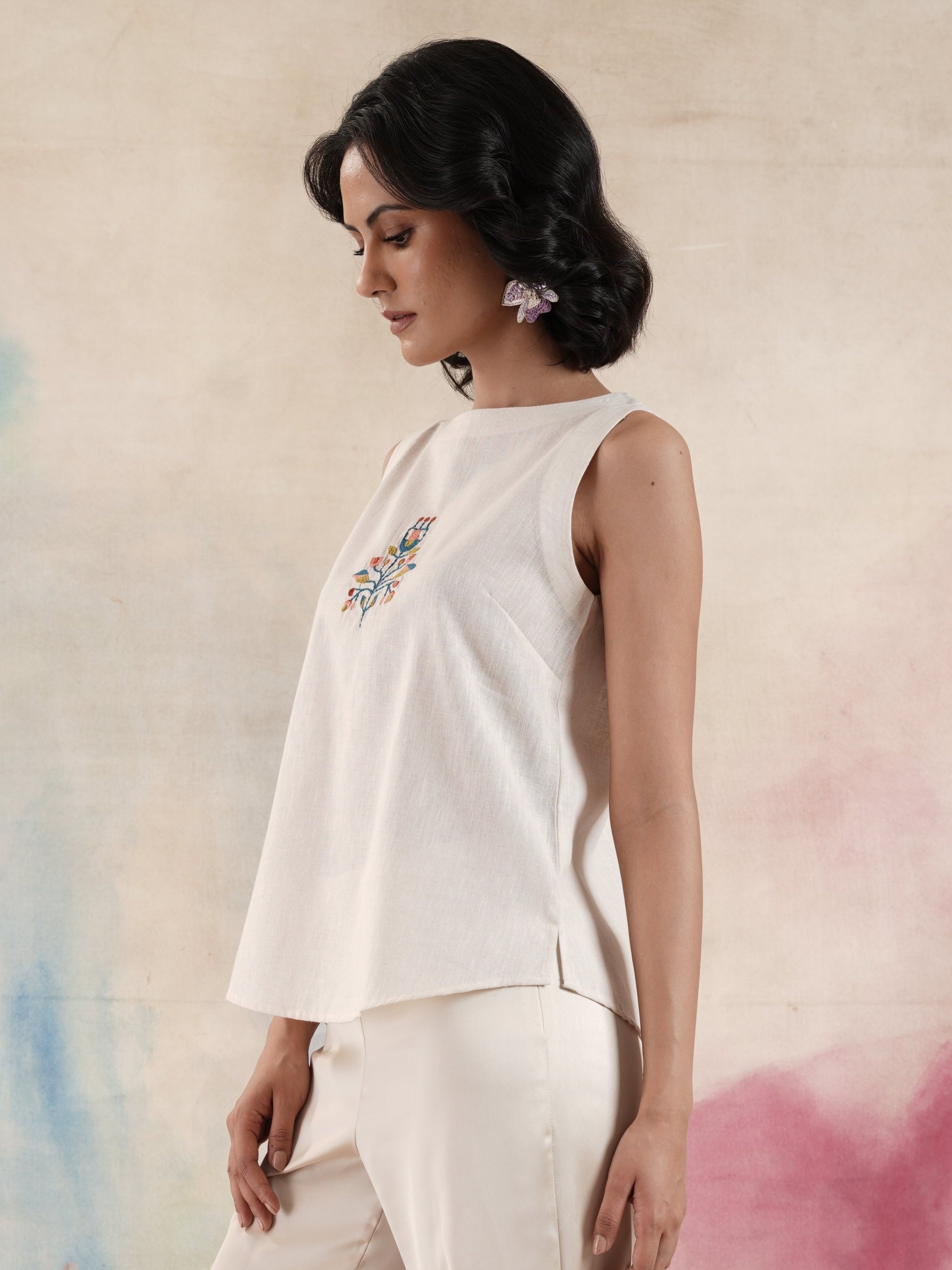 Women's Beige Sleeveless Embroidered Top