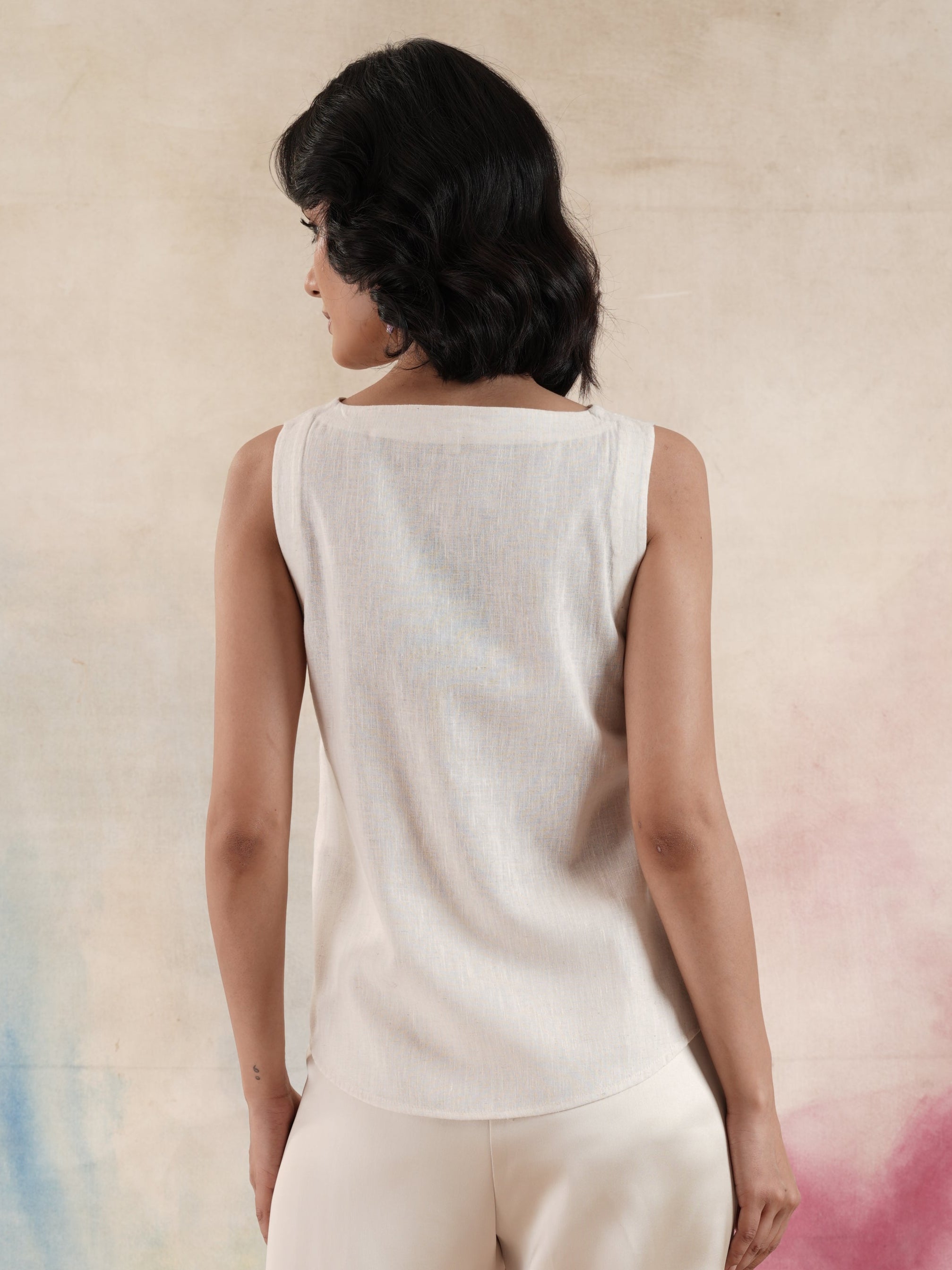 Women's Beige Sleeveless Embroidered Top