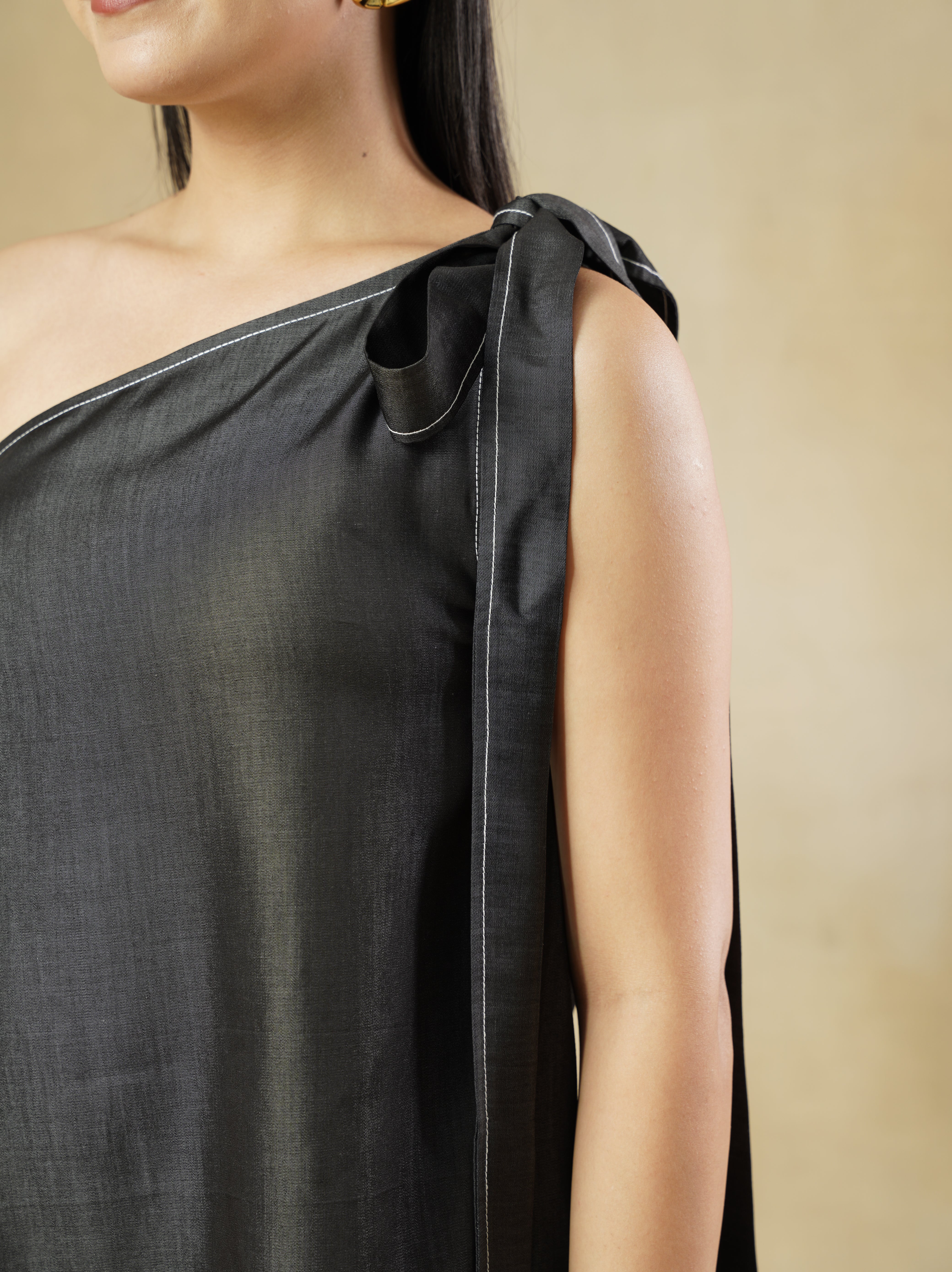 Black One-Shoulder Tie-Up Top with Contrast Stitching
