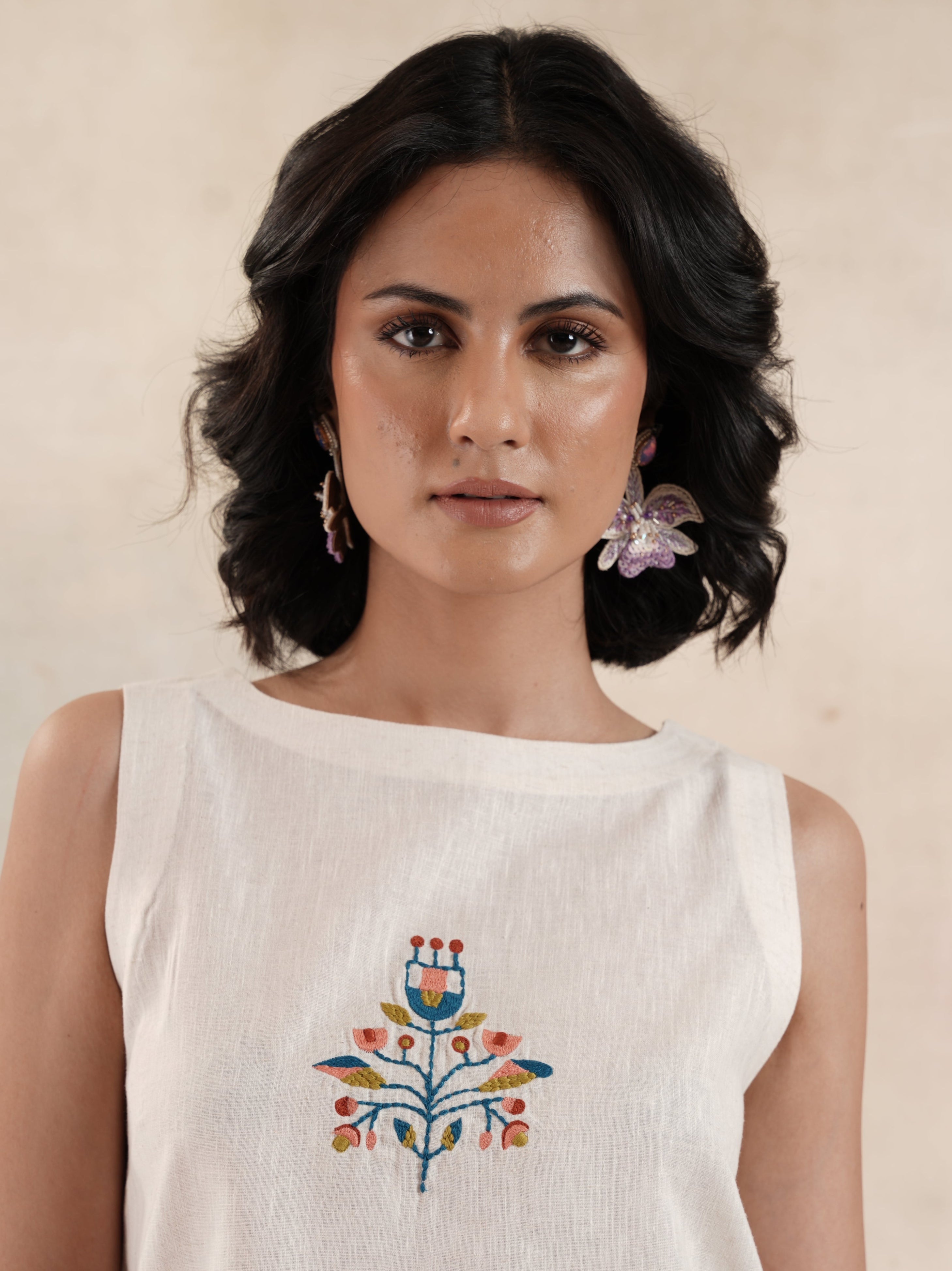 Women's Beige Sleeveless Embroidered Top