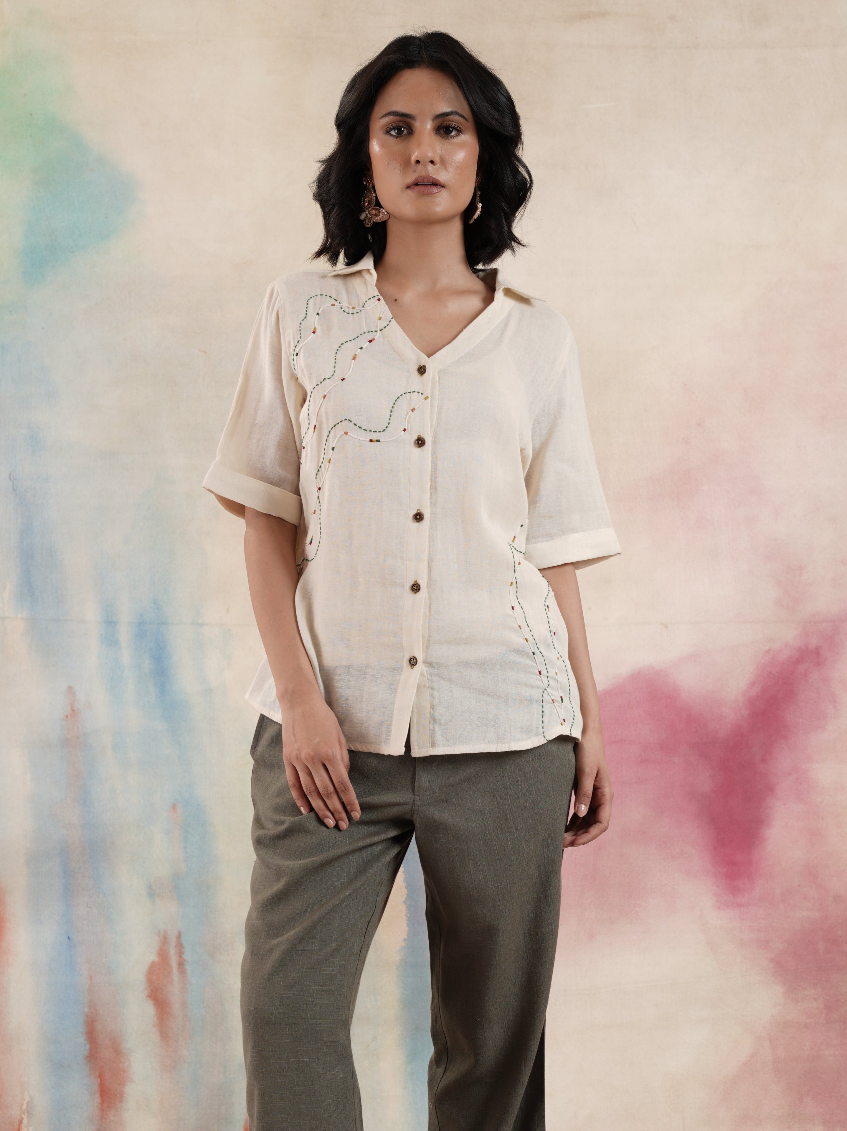 Women's Half Sleeves Cotton Embroidered Shirt