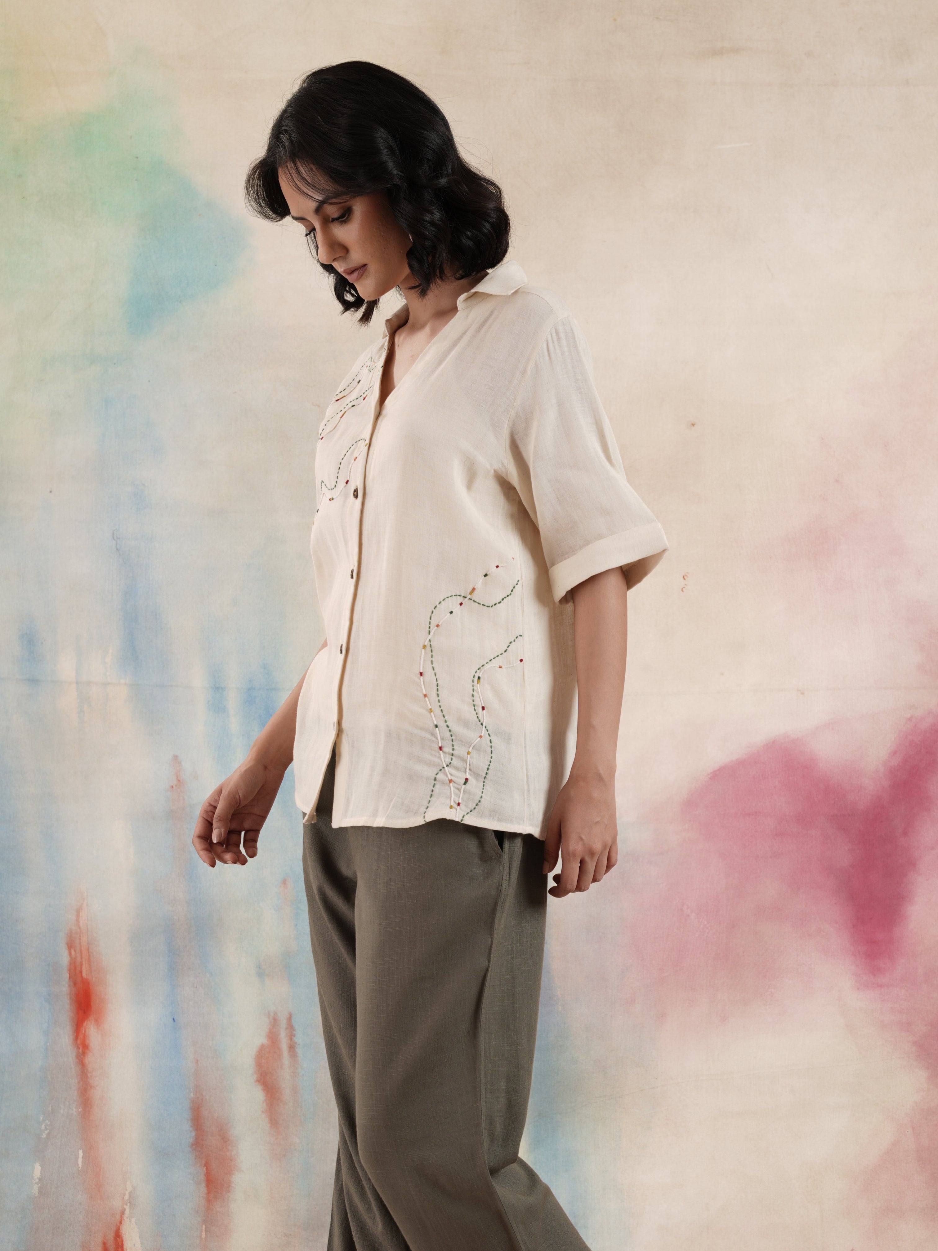 Women's Half Sleeves Cotton Embroidered Shirt
