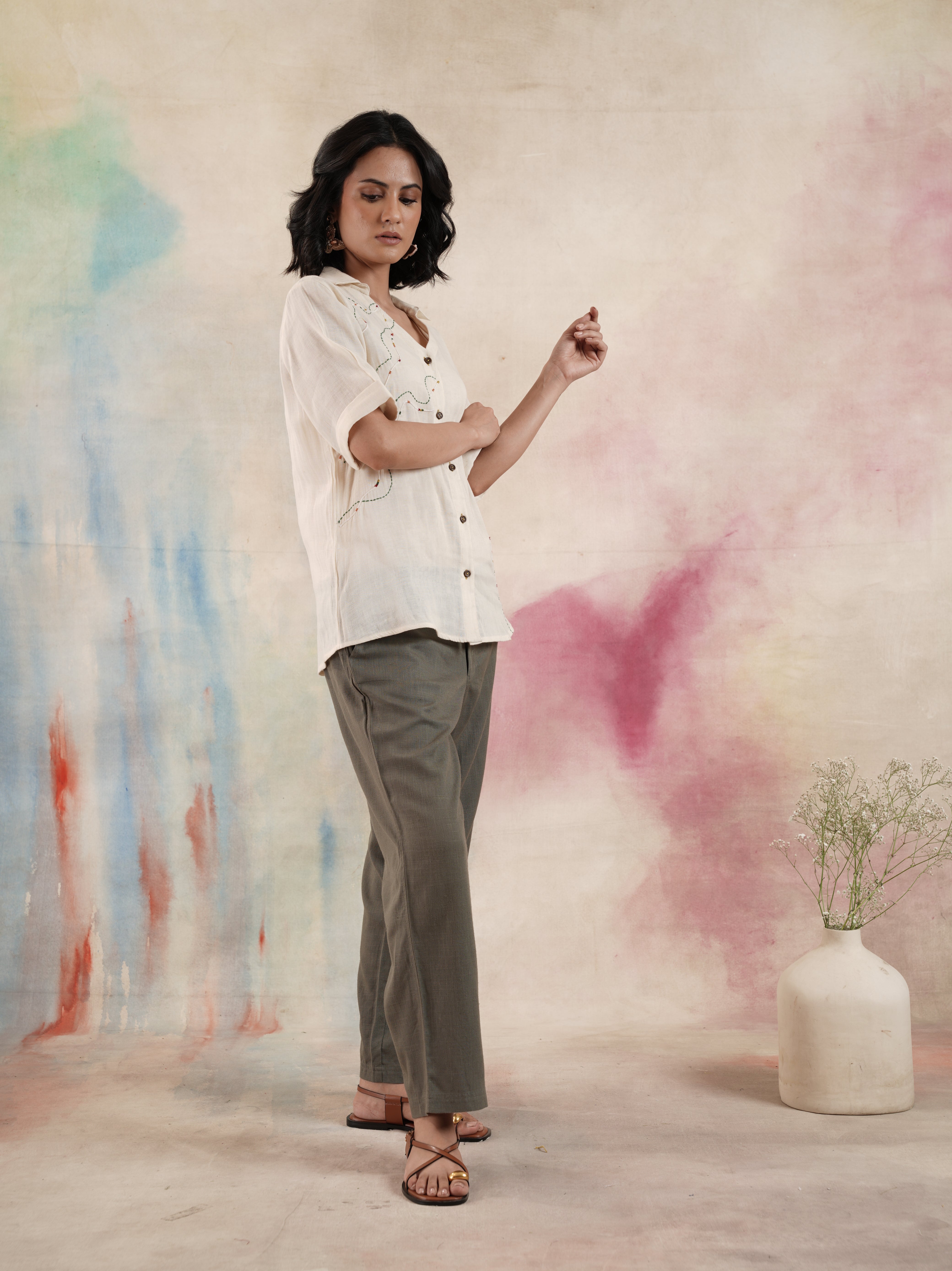 Women's Half Sleeves Cotton Embroidered Shirt