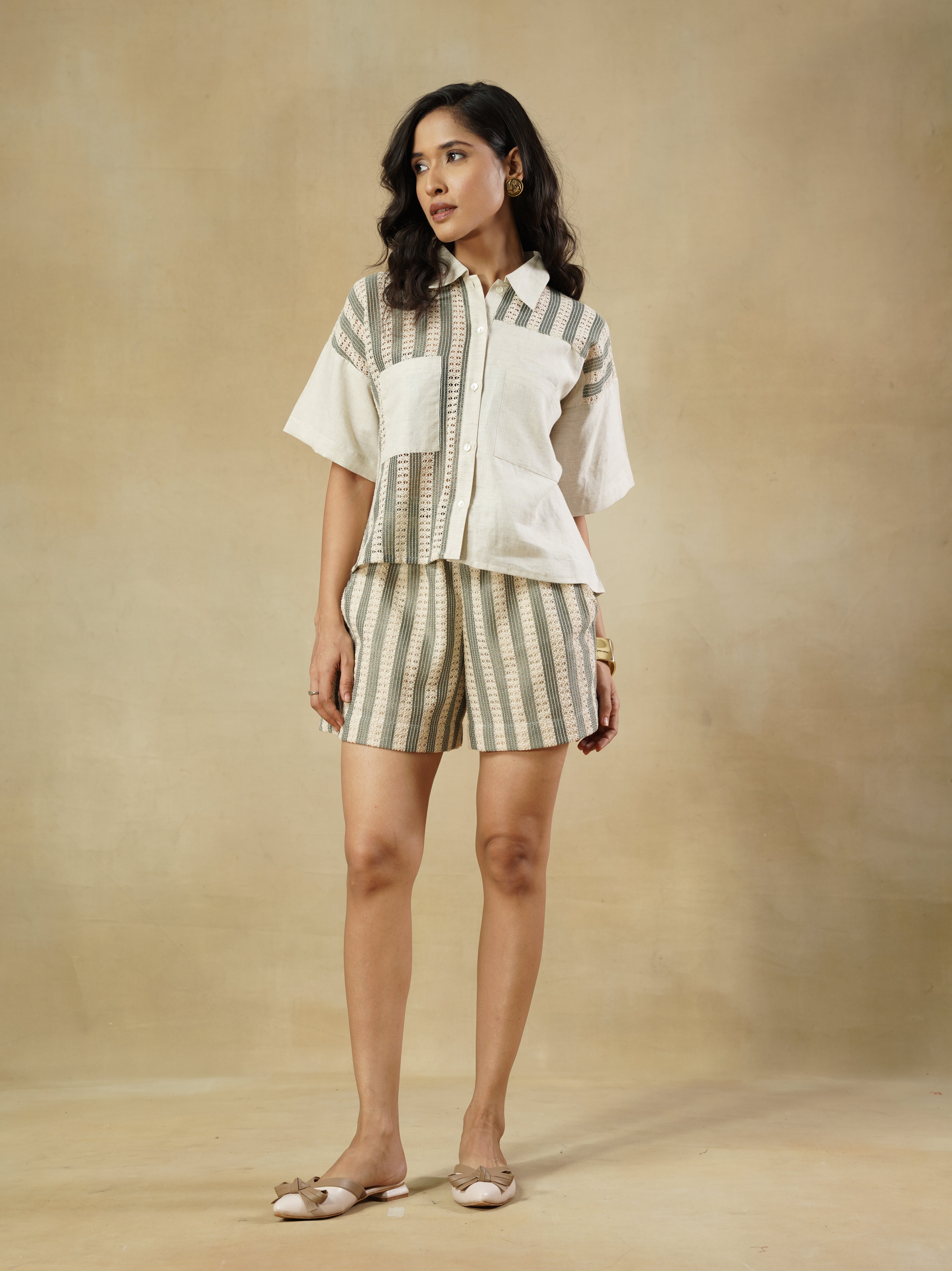 Sea Green Striped Cotton-Lace Shorts