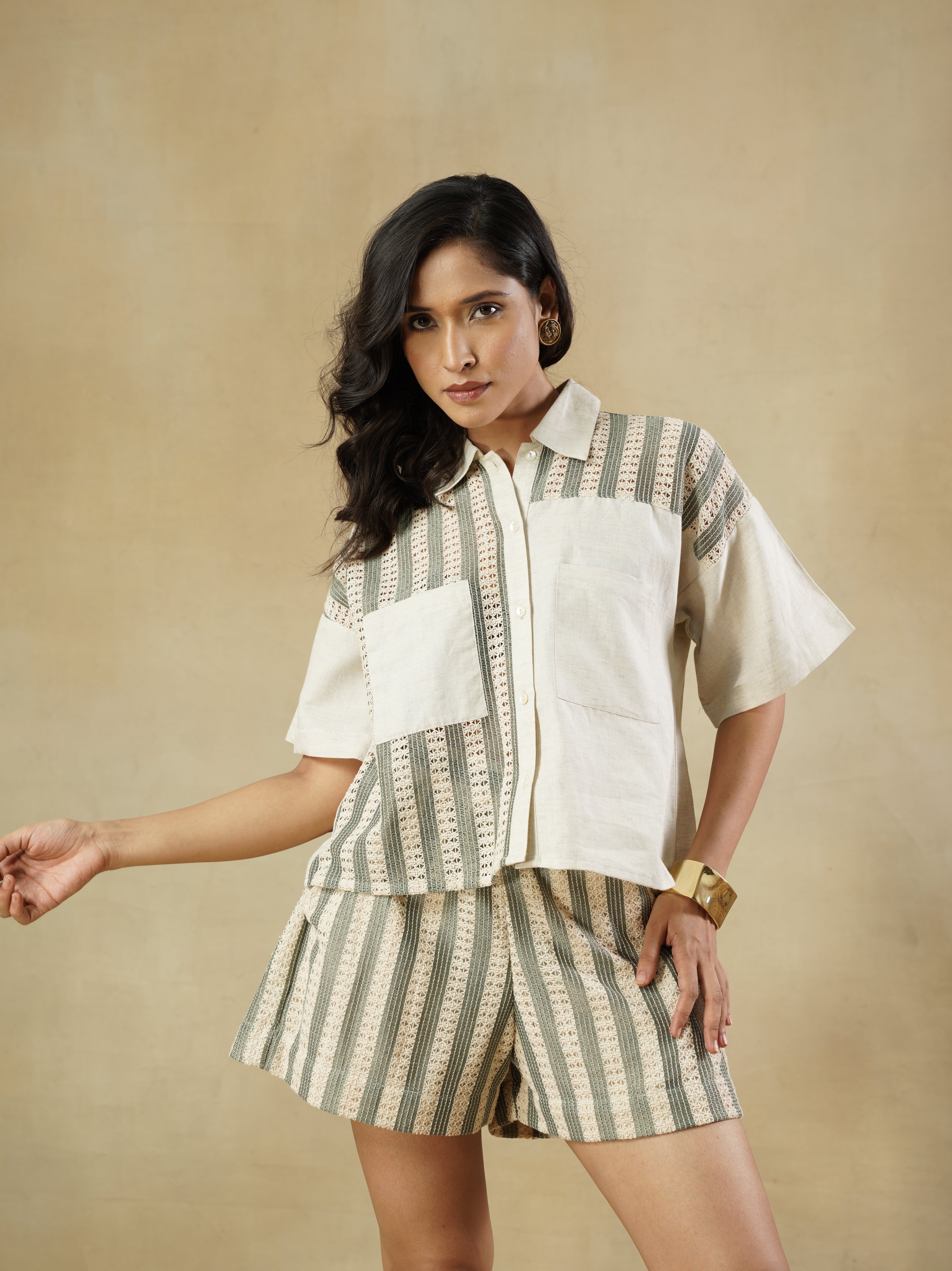 Drop Shoulder Lace-Panelled Shirt in Cotton-Linen