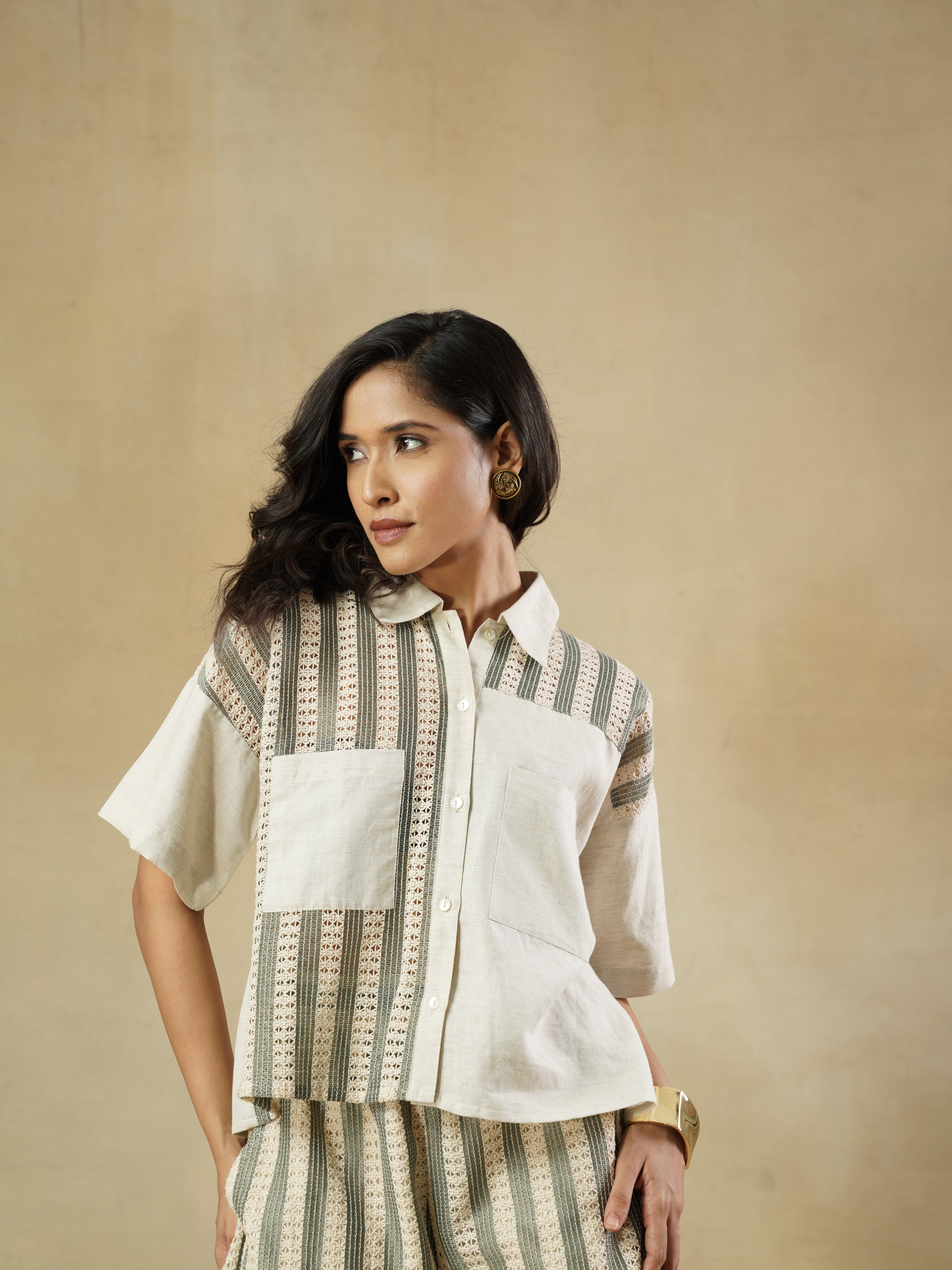 Drop Shoulder Lace-Panelled Shirt in Cotton-Linen