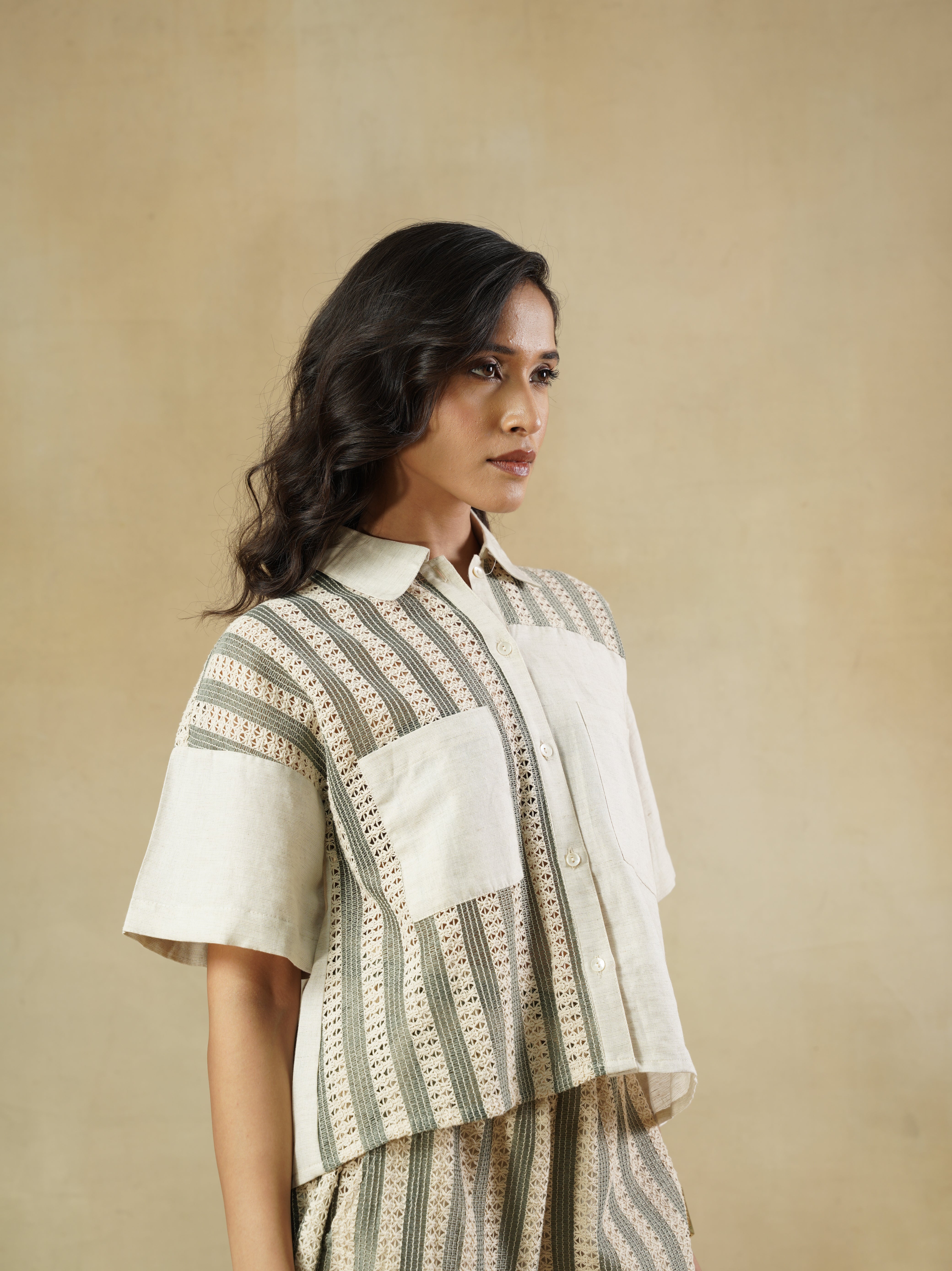 Drop Shoulder Lace-Panelled Shirt in Cotton-Linen