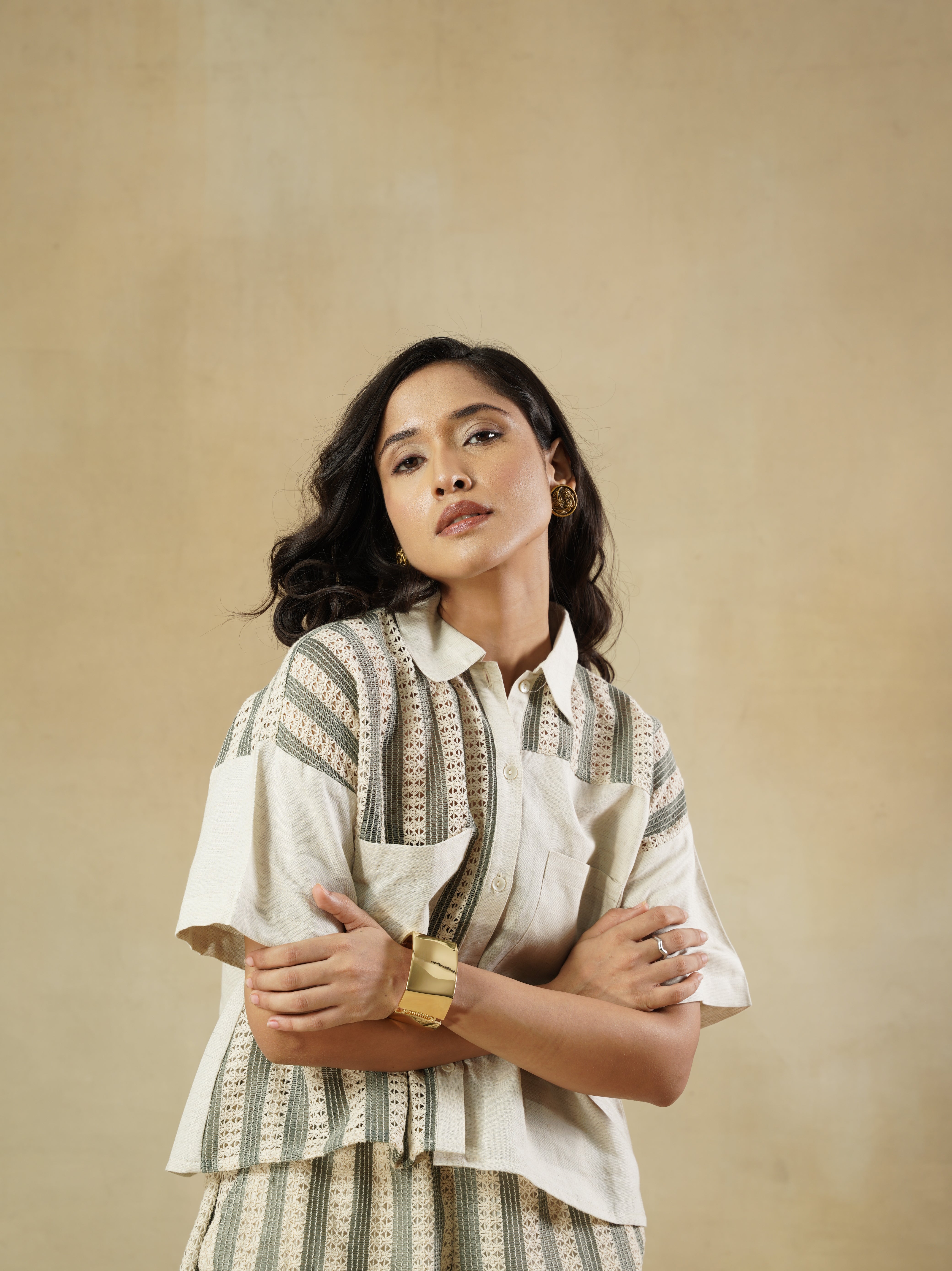 Drop Shoulder Lace-Panelled Shirt in Cotton-Linen