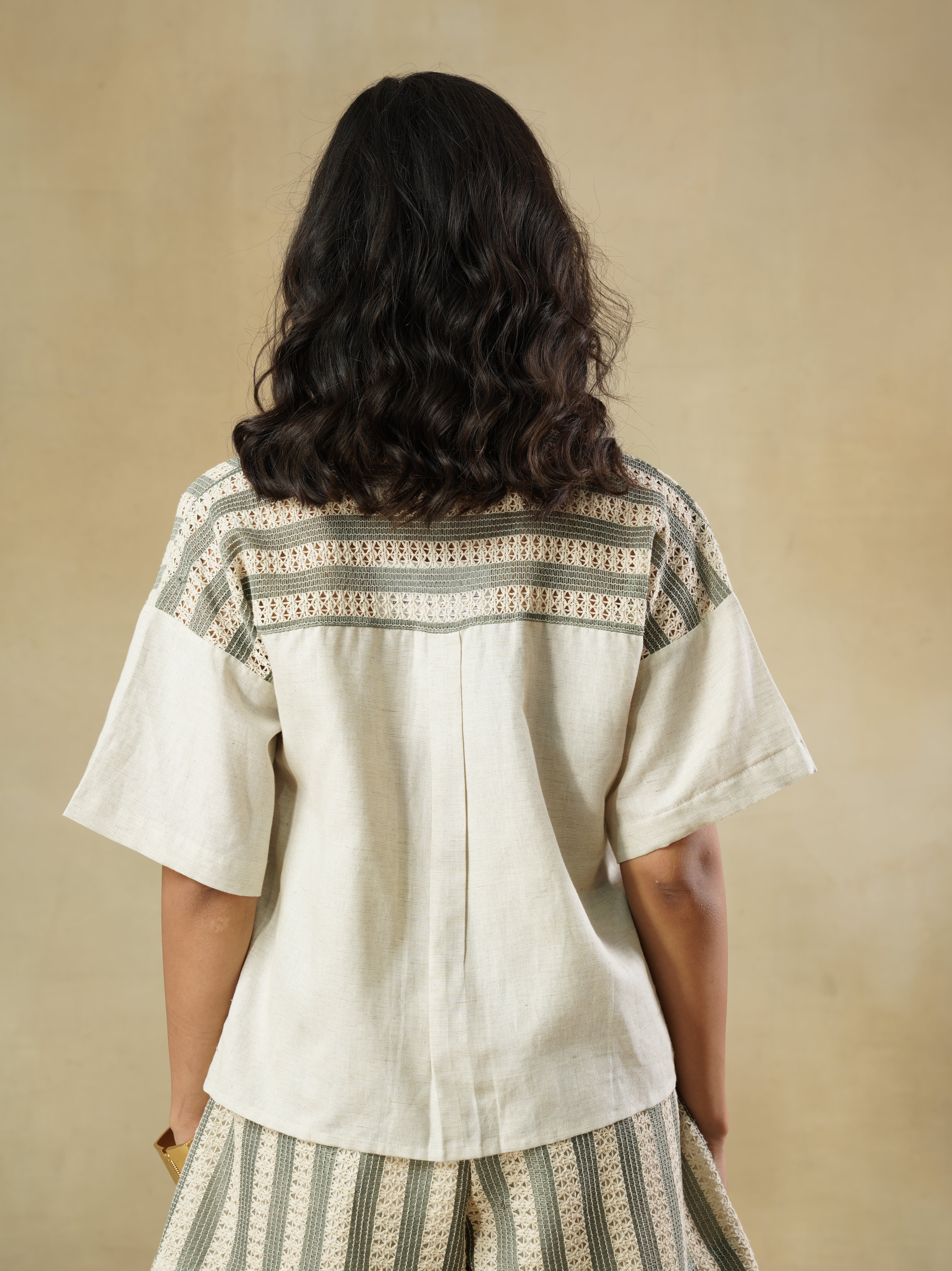 Drop Shoulder Lace-Panelled Shirt in Cotton-Linen
