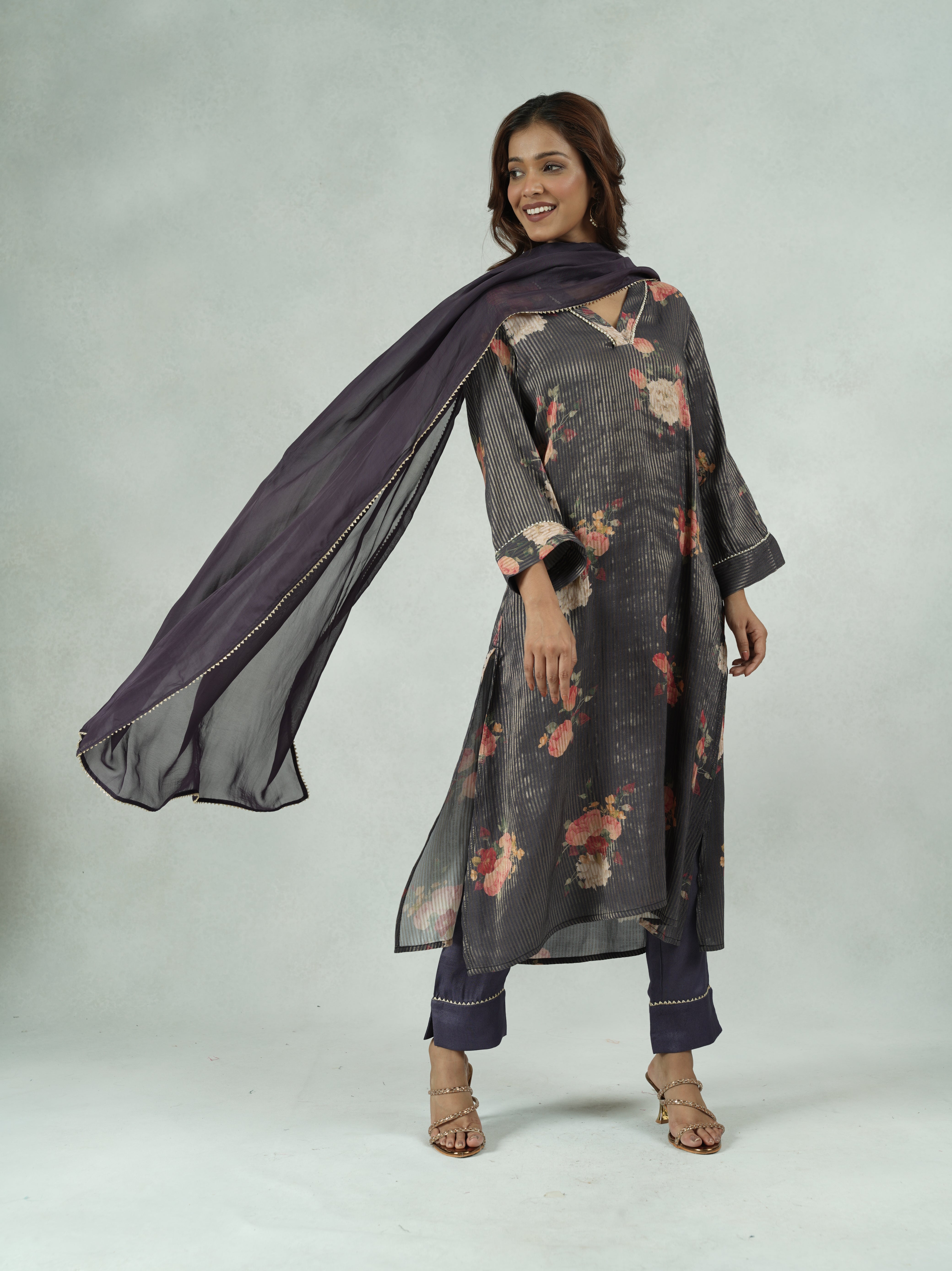 Purple Floral Print Festive Kurta Set with Pearl Detailing