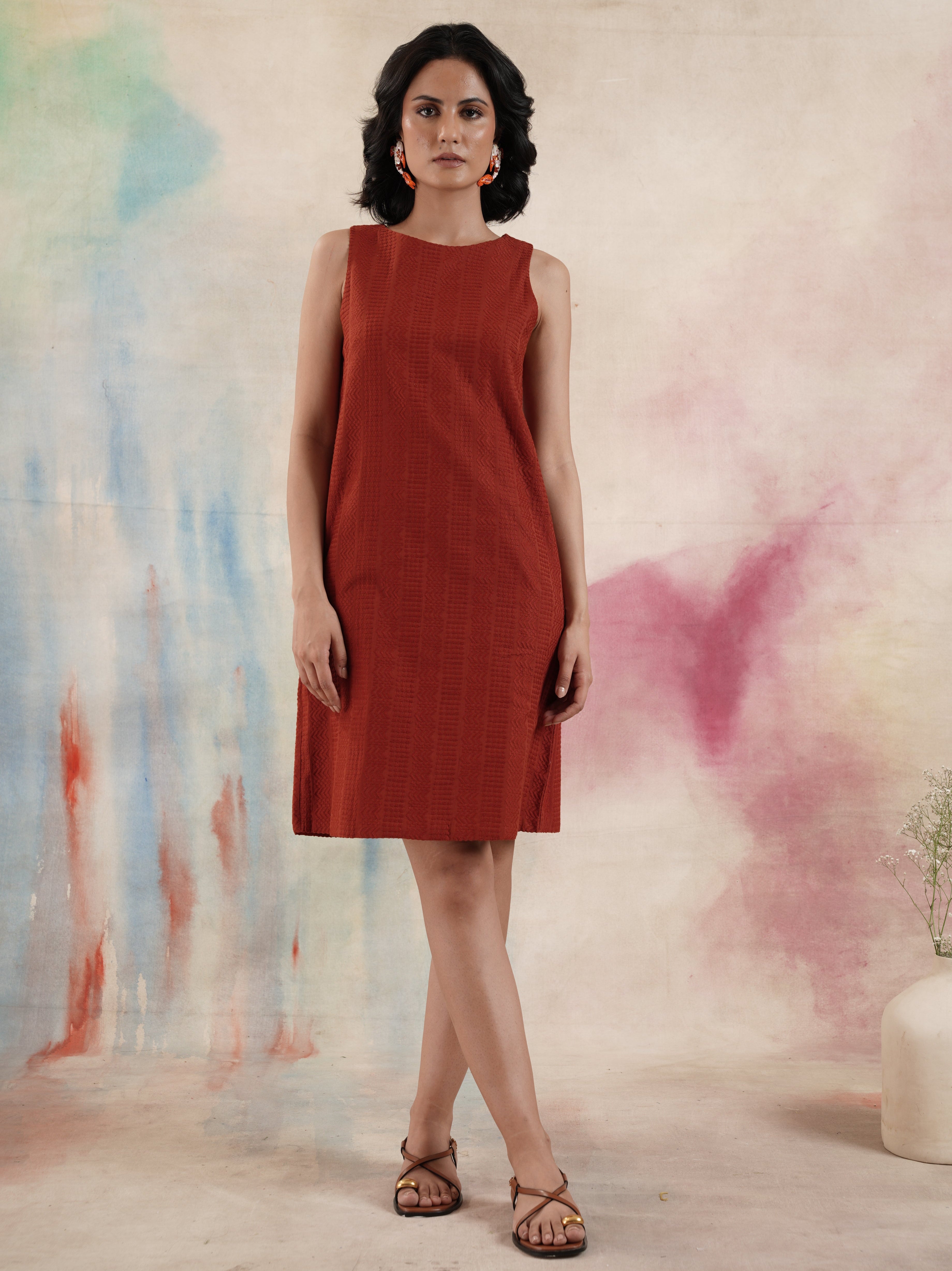 Women's Rust Self Embroidered Shift Dress