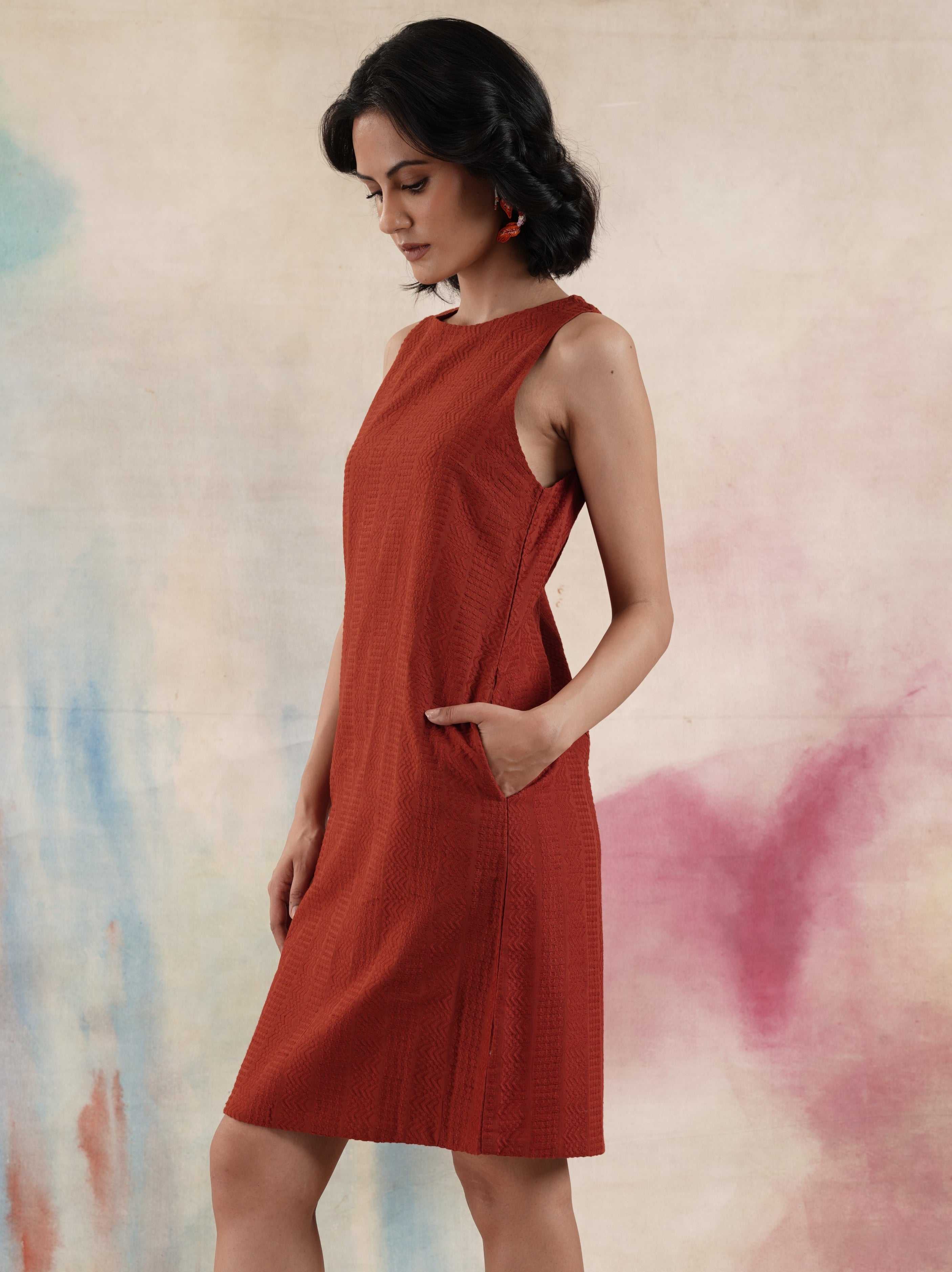 Women's Rust Self Embroidered Shift Dress