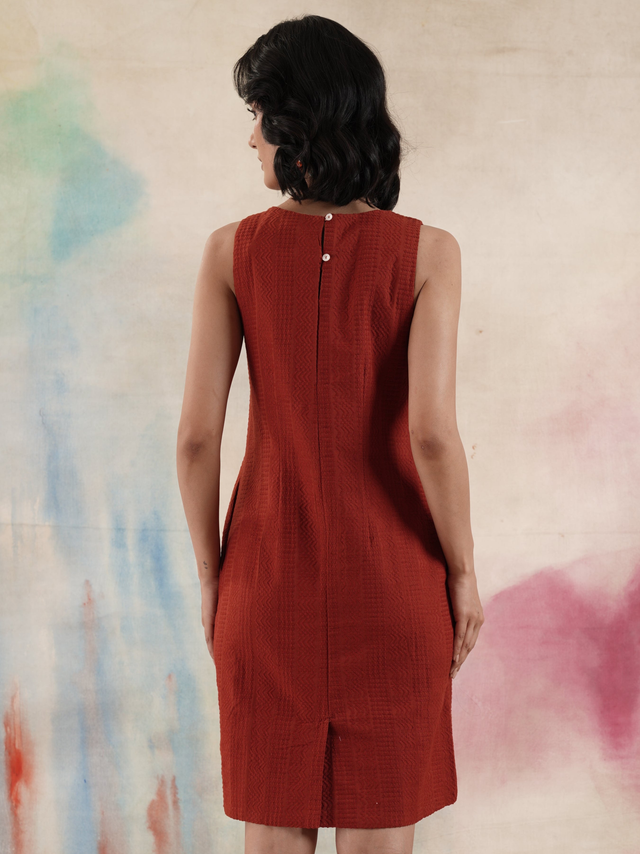 Women's Rust Self Embroidered Shift Dress