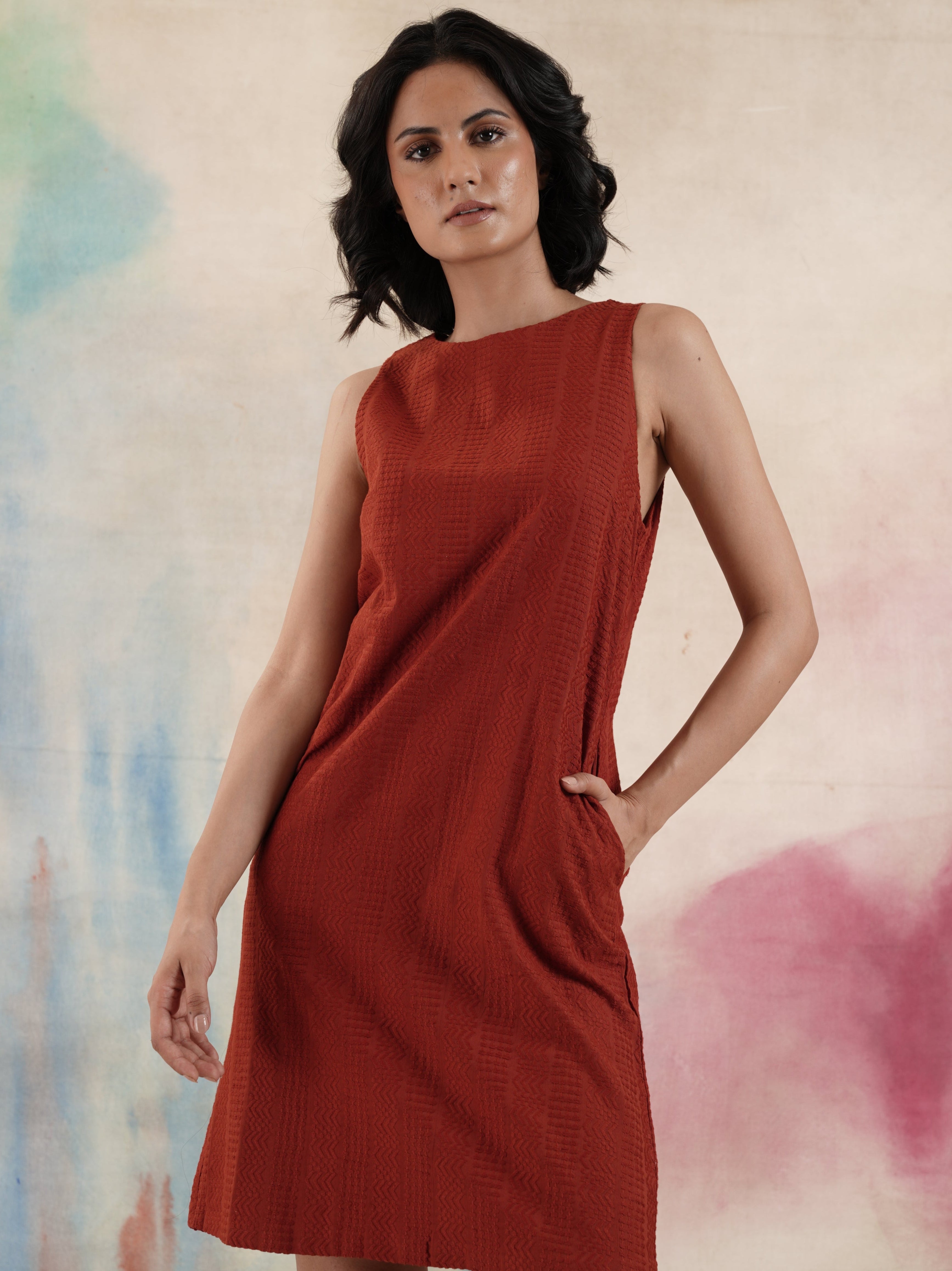 Women's Rust Self Embroidered Shift Dress