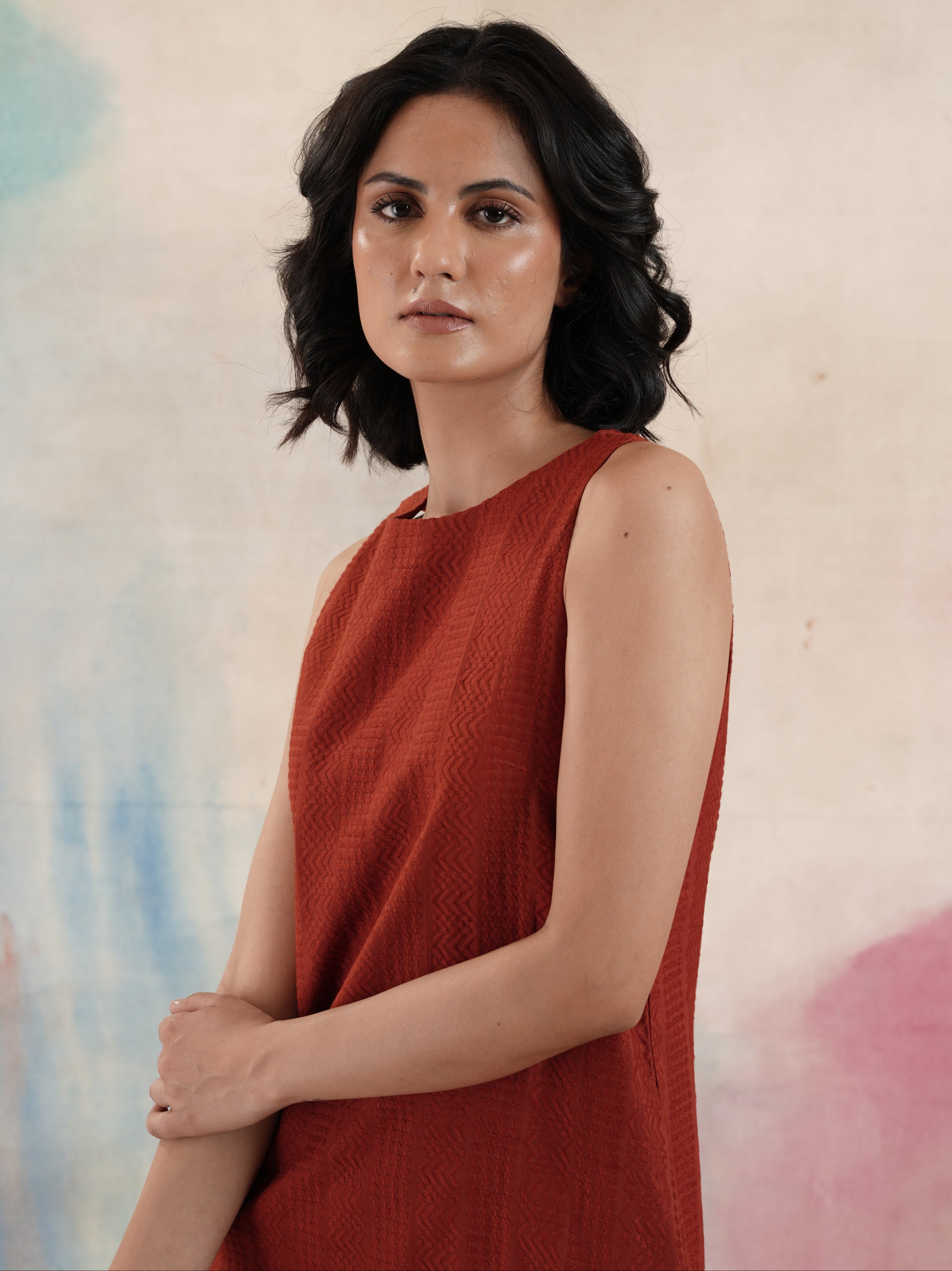 Women's Rust Self Embroidered Shift Dress