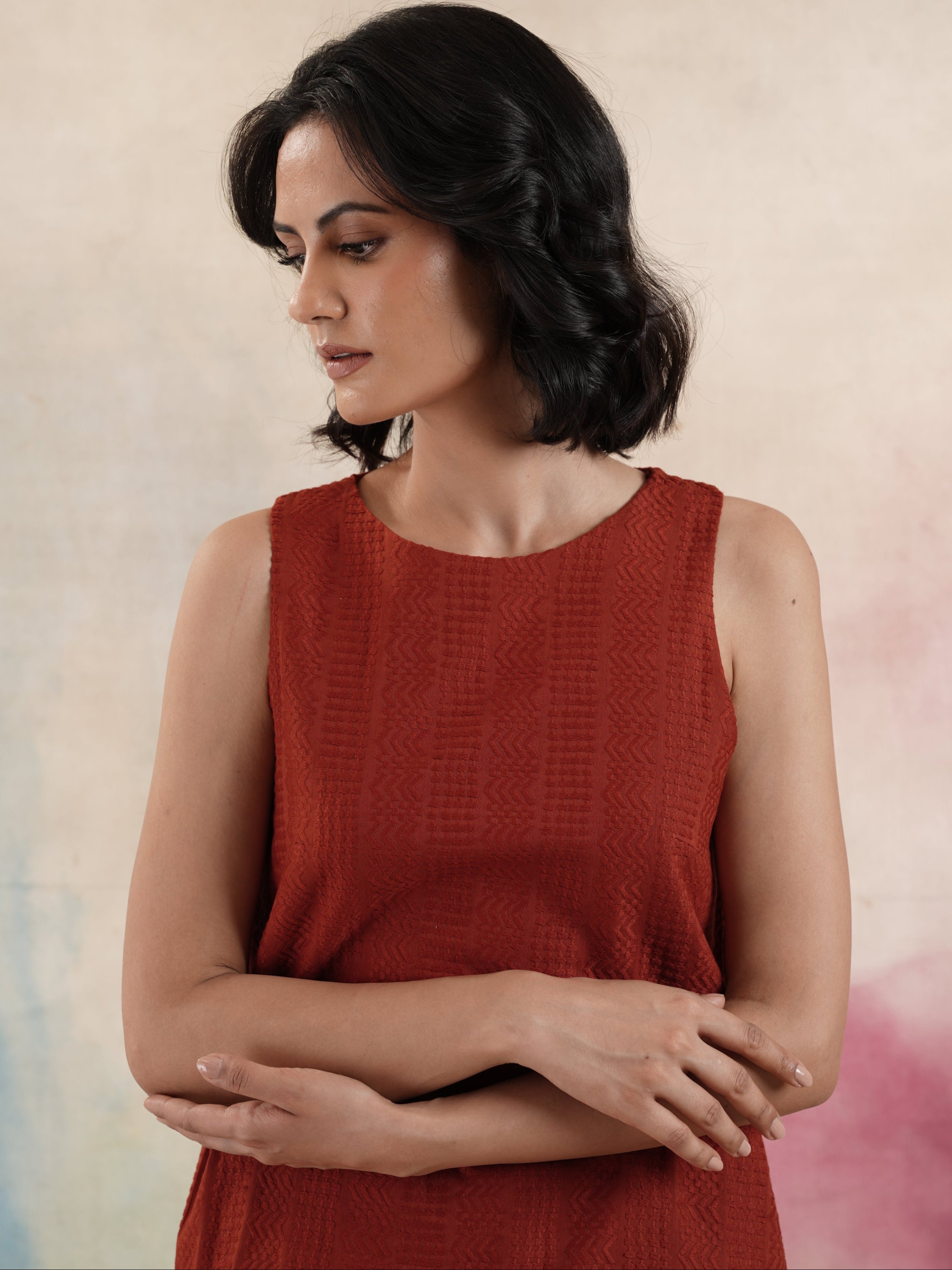 Women's Rust Self Embroidered Shift Dress