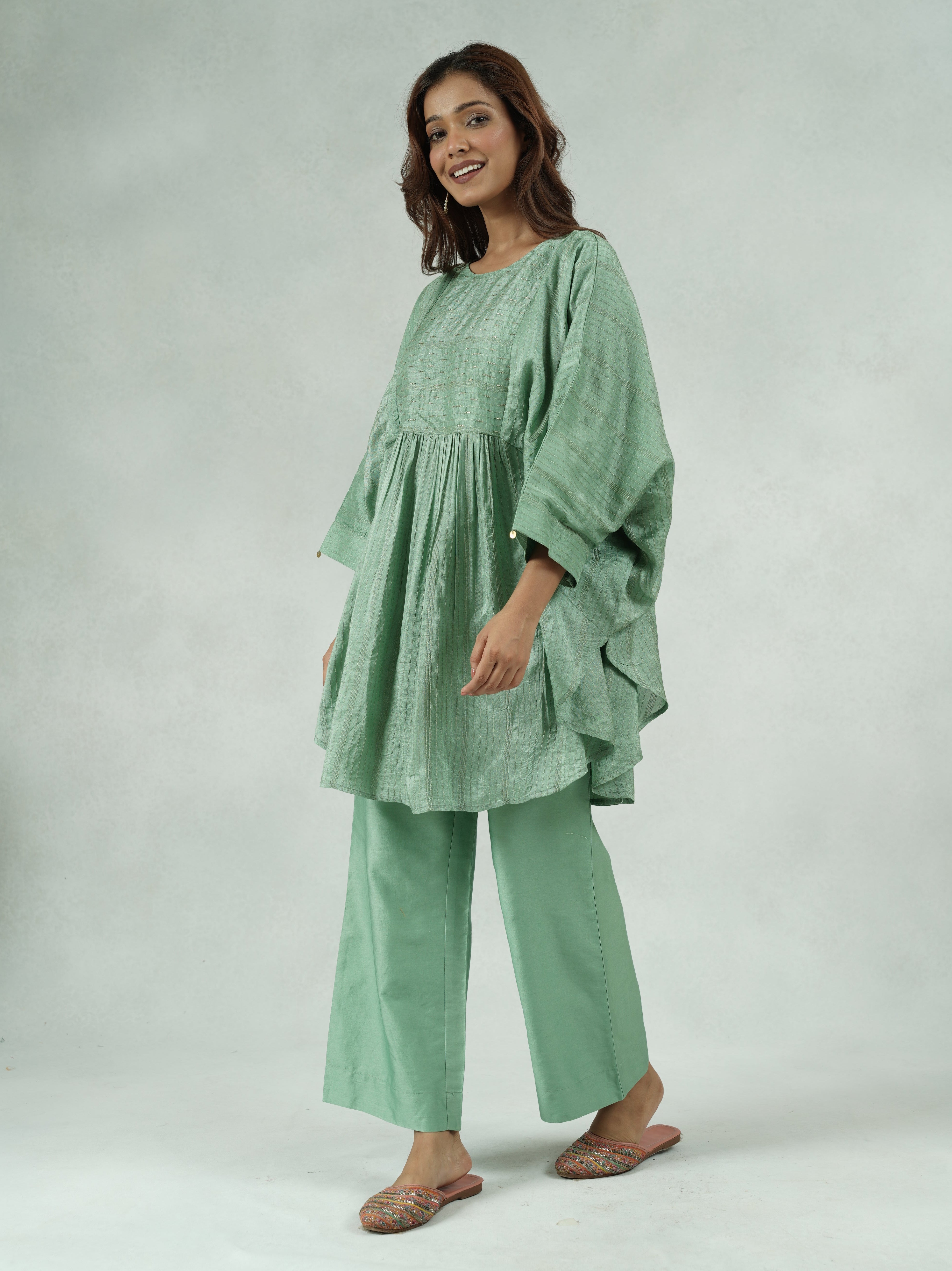 Handcrafted Dola Silk Kaftan Co-Ord Set with Coin Detailing – Kamini