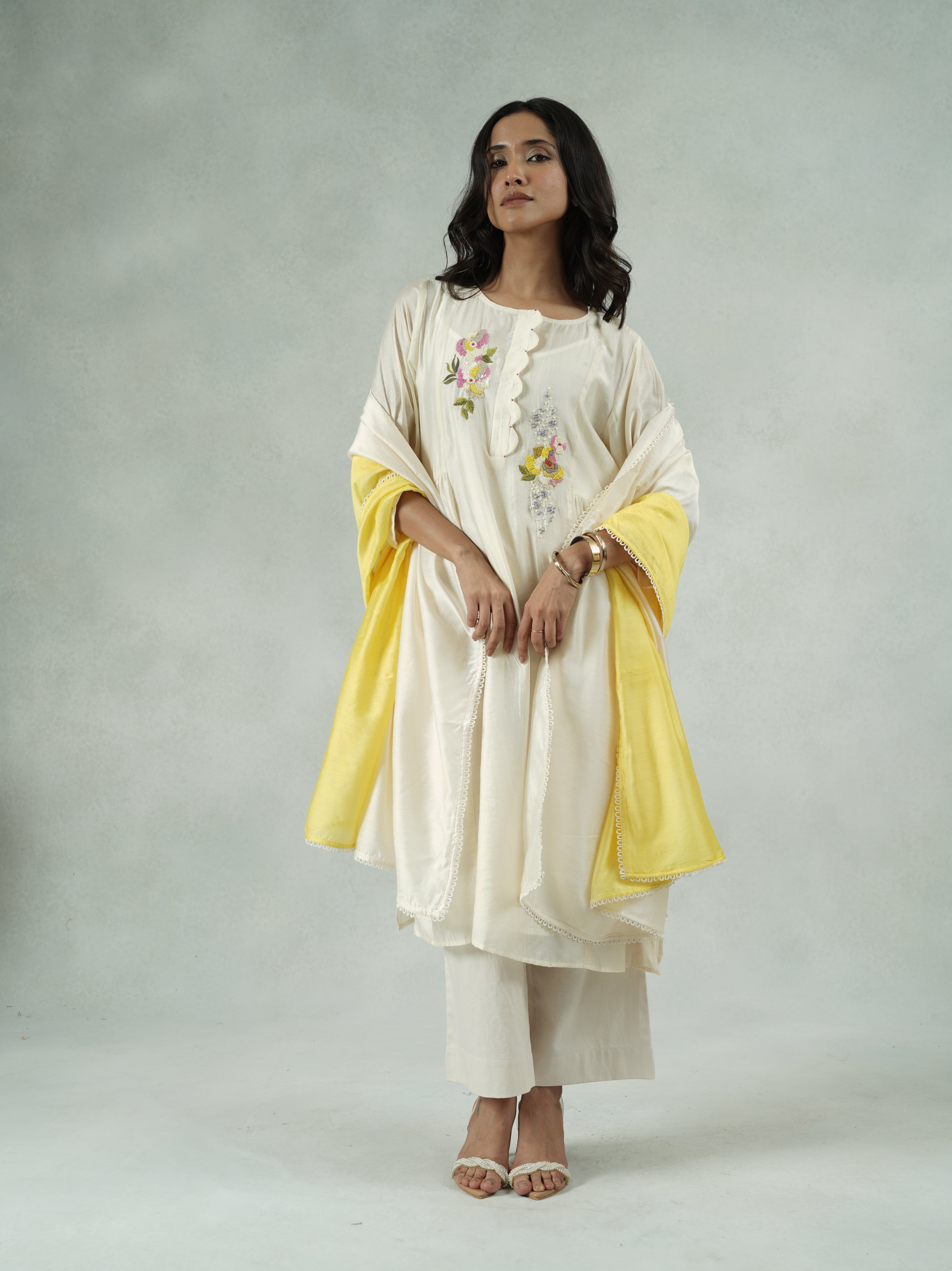 Off-White Chanderi Hand-Embroidered Kurta Set with Dupatta