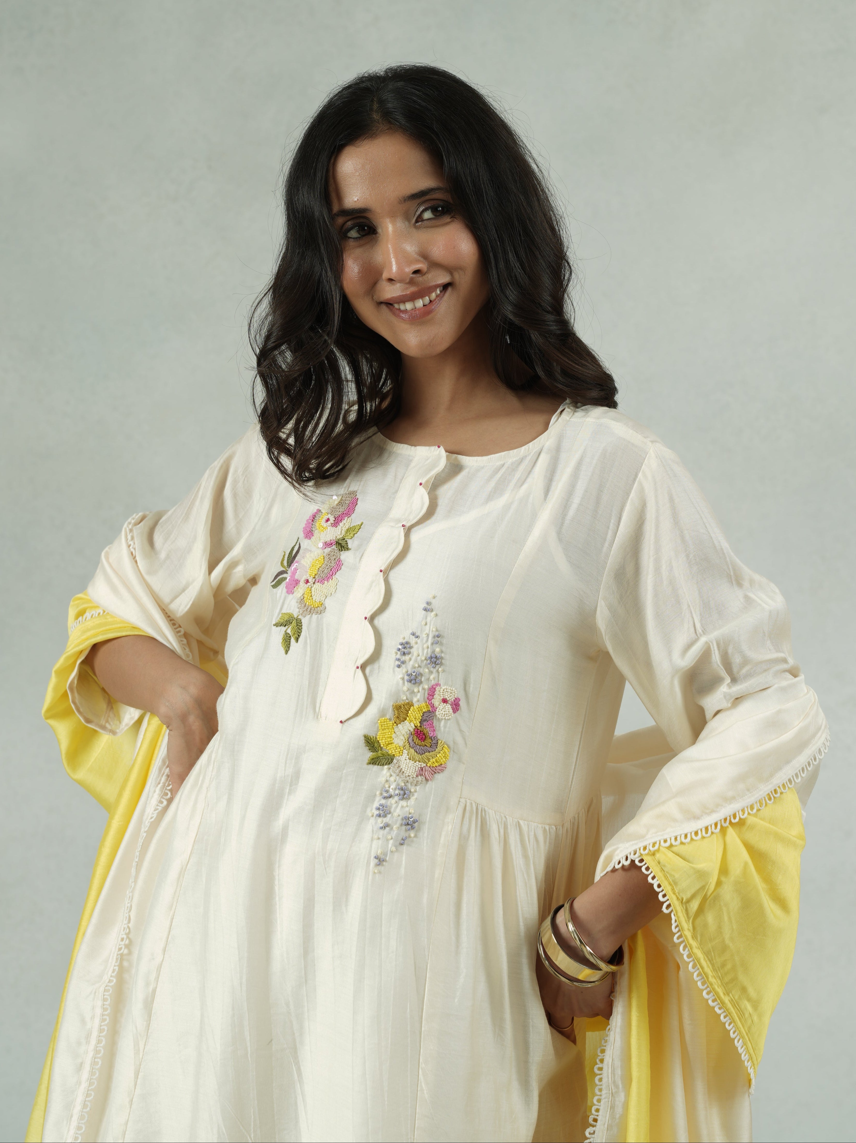 Off-White Chanderi Hand-Embroidered Kurta Set with Dupatta
