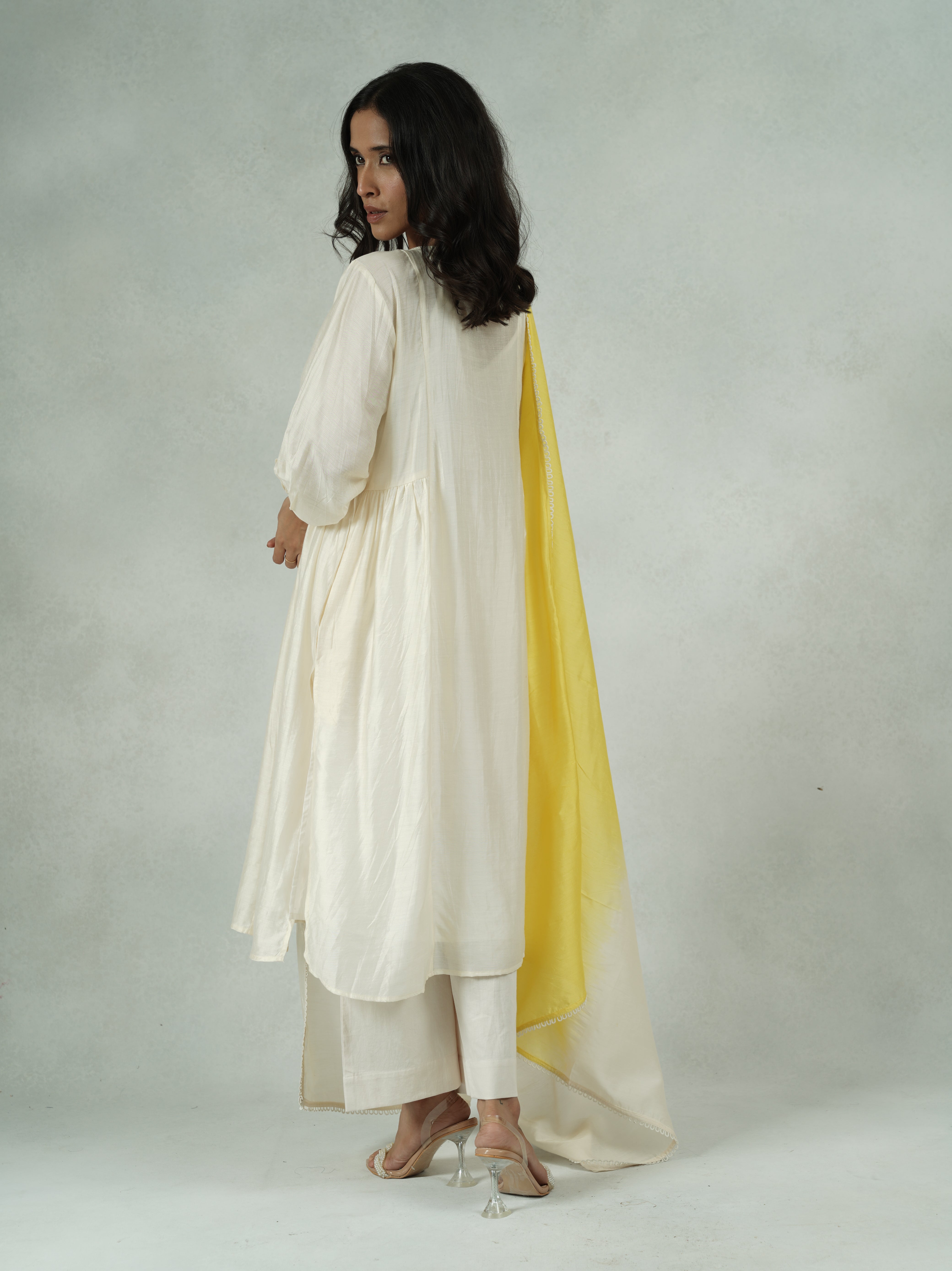Off-White Chanderi Hand-Embroidered Kurta Set with Dupatta