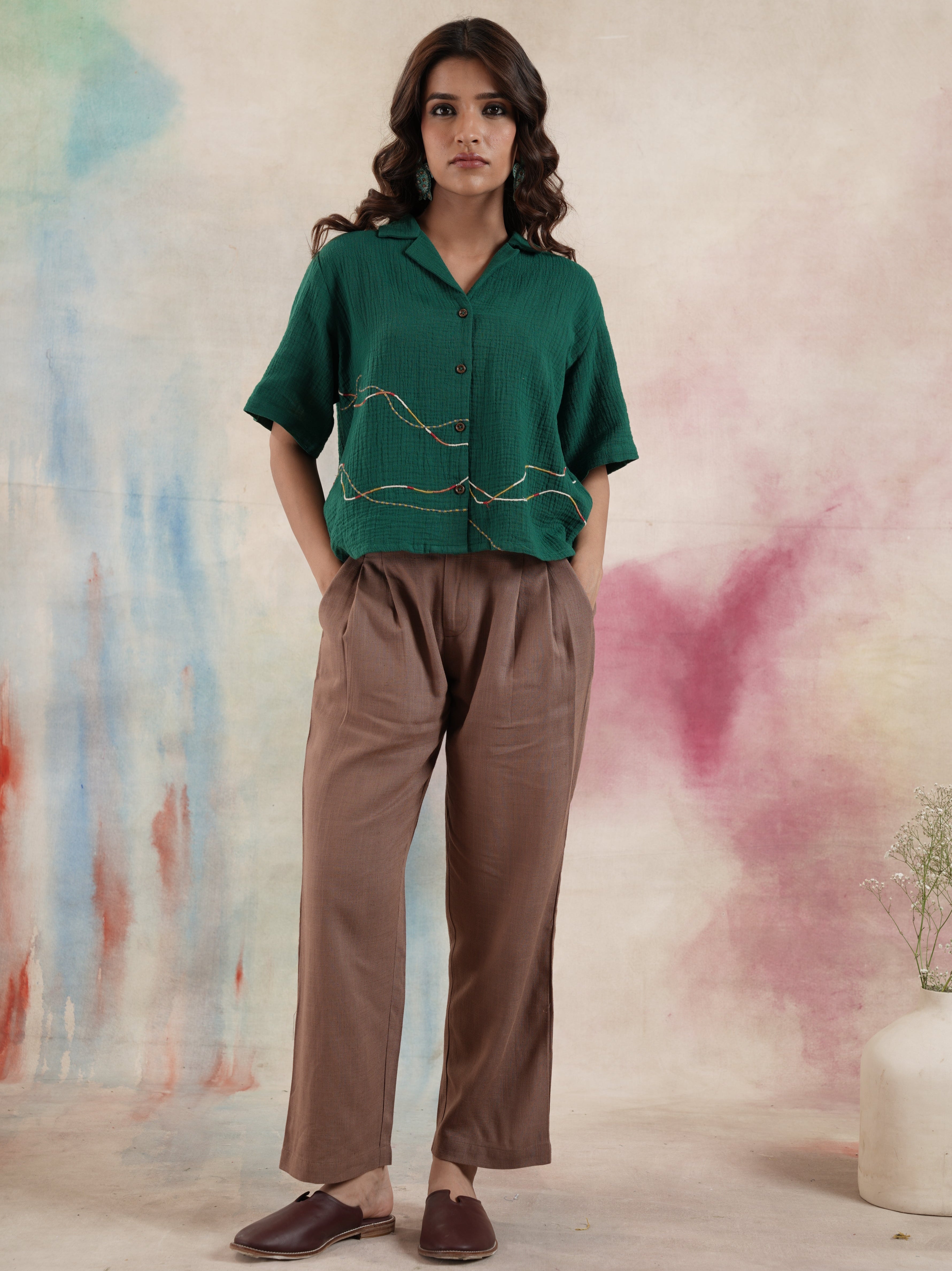 Women's Green Embroidered Gauze Shirt