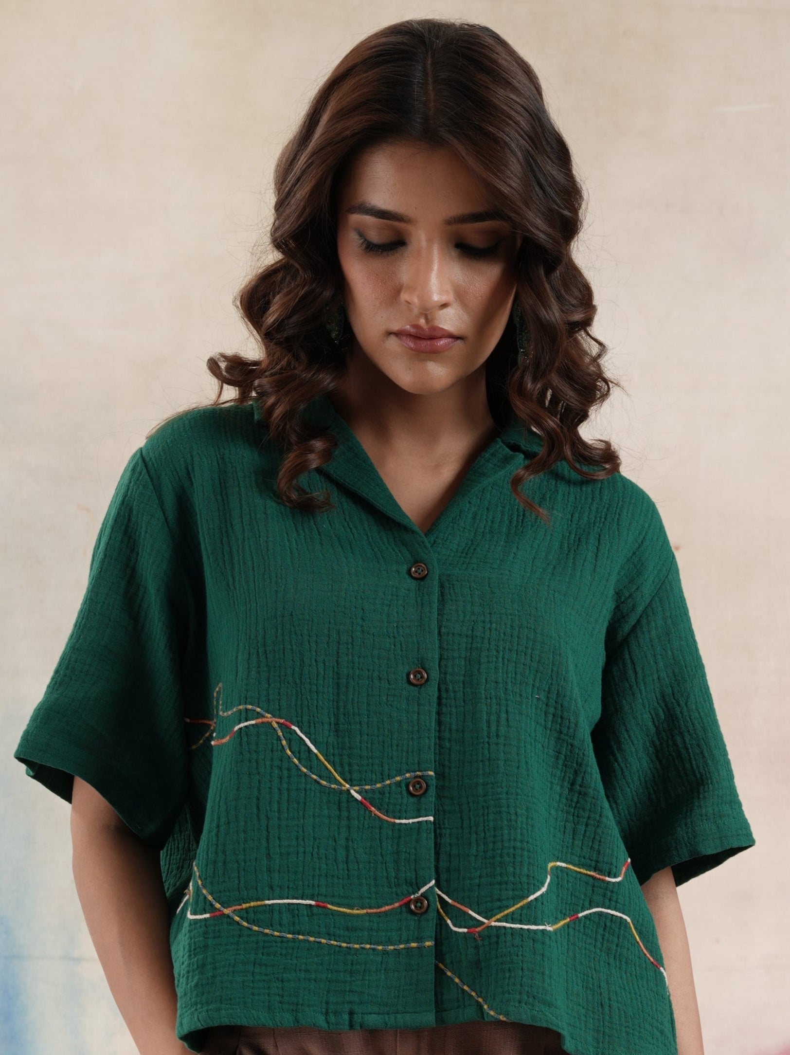 Women's Green Embroidered Gauze Shirt