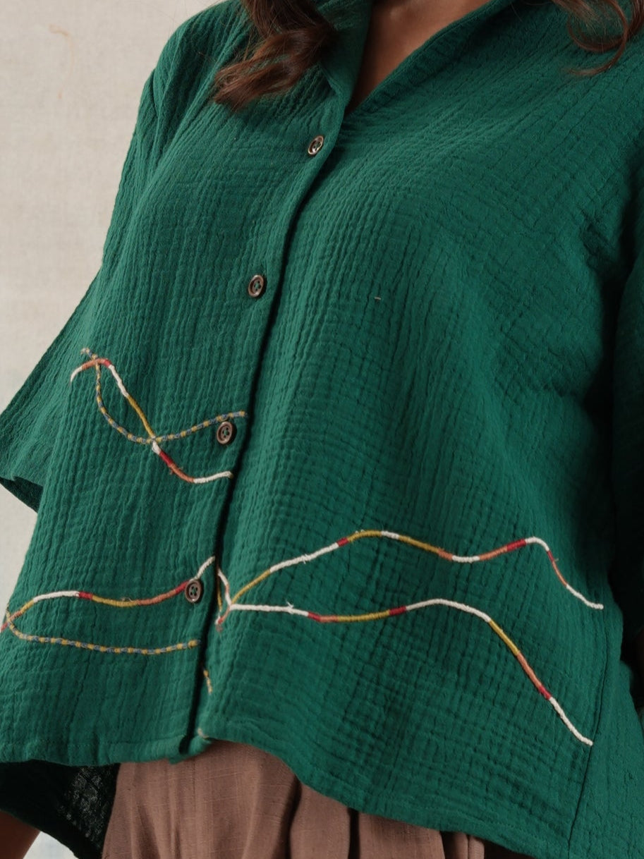 Women's Green Embroidered Gauze Shirt