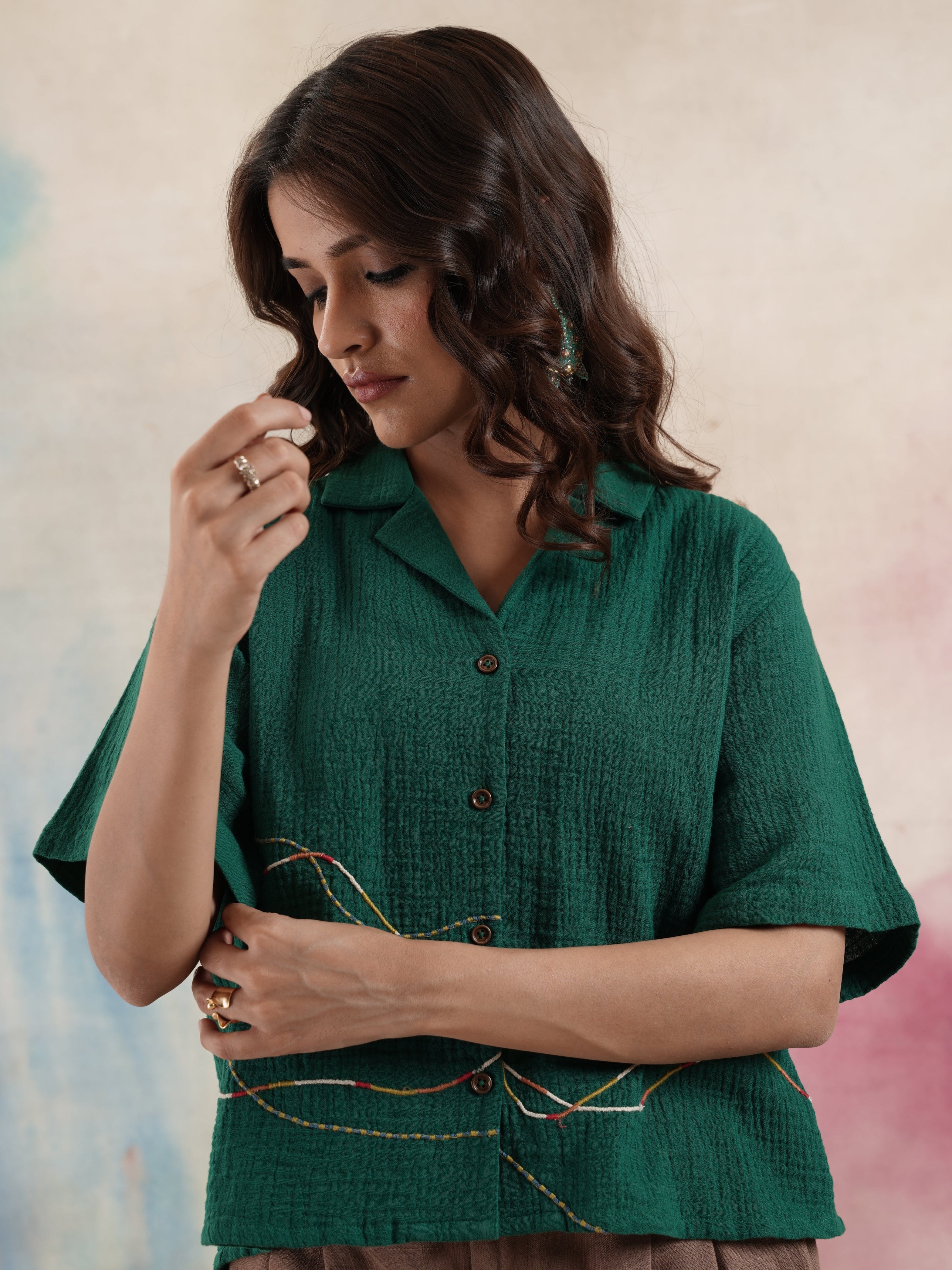 Women's Green Embroidered Gauze Shirt