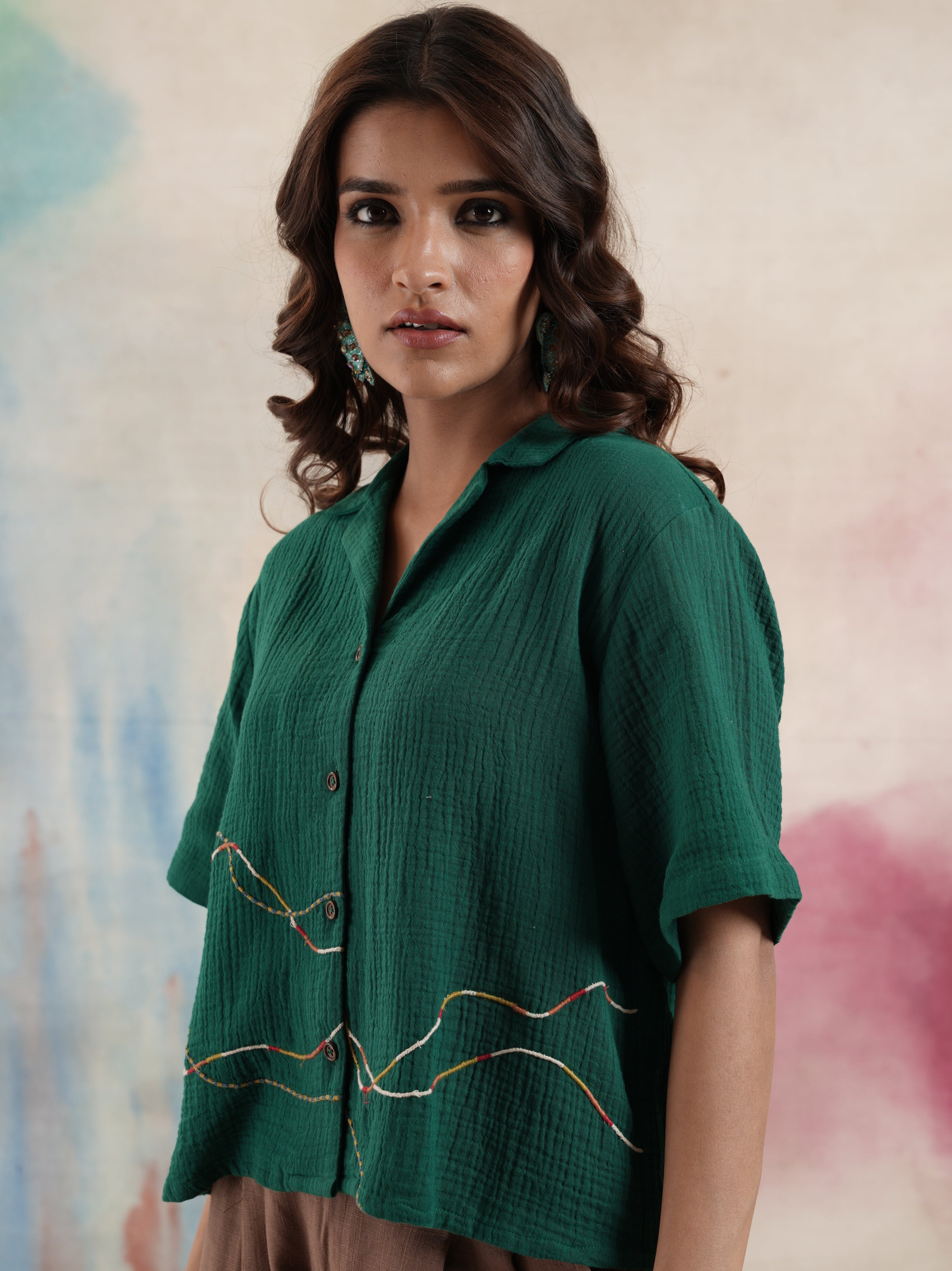 Women's Green Embroidered Gauze Shirt