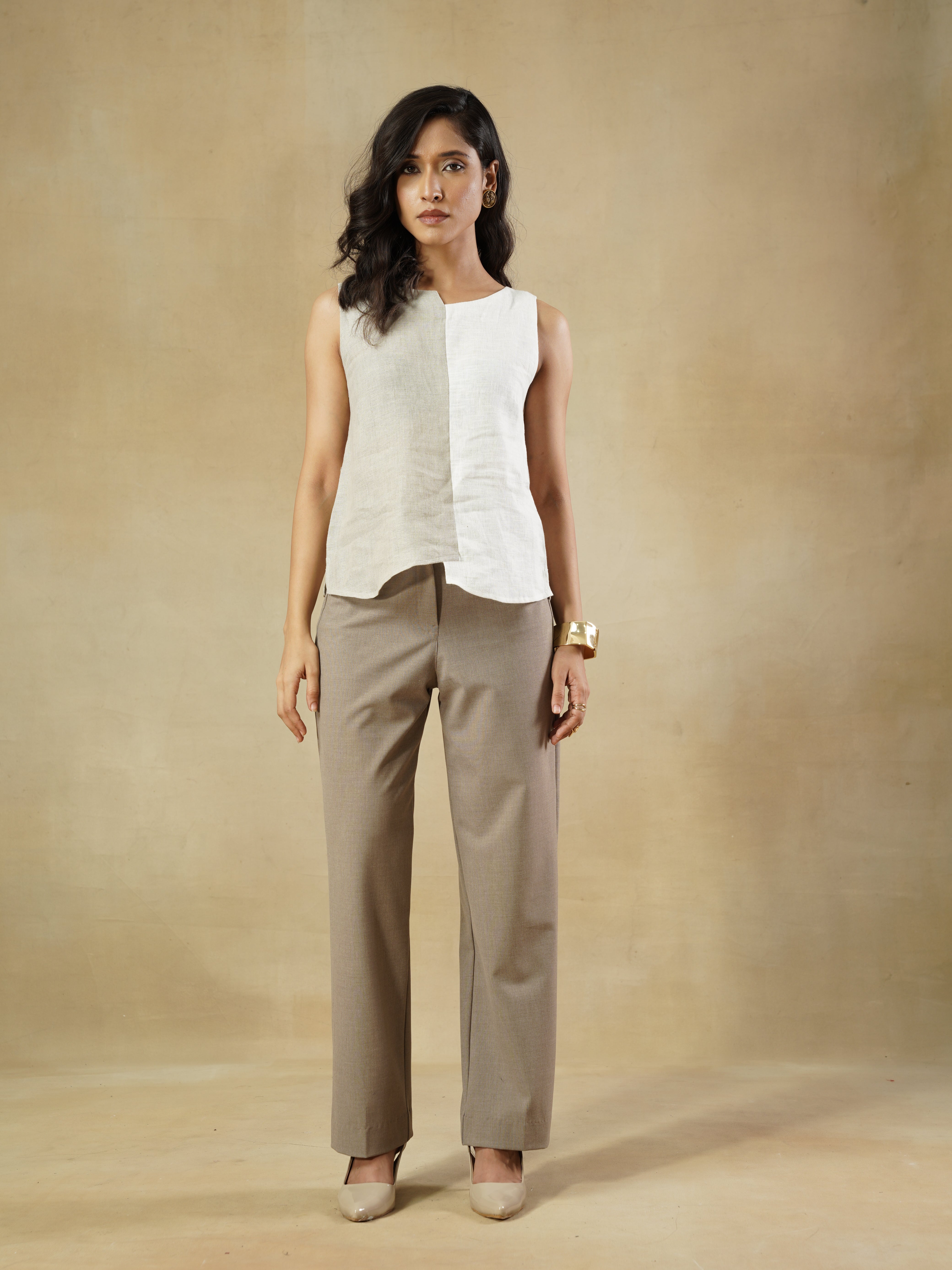 Cotton Linen Color-Blocked Relaxed Fit Top with Uneven Hem