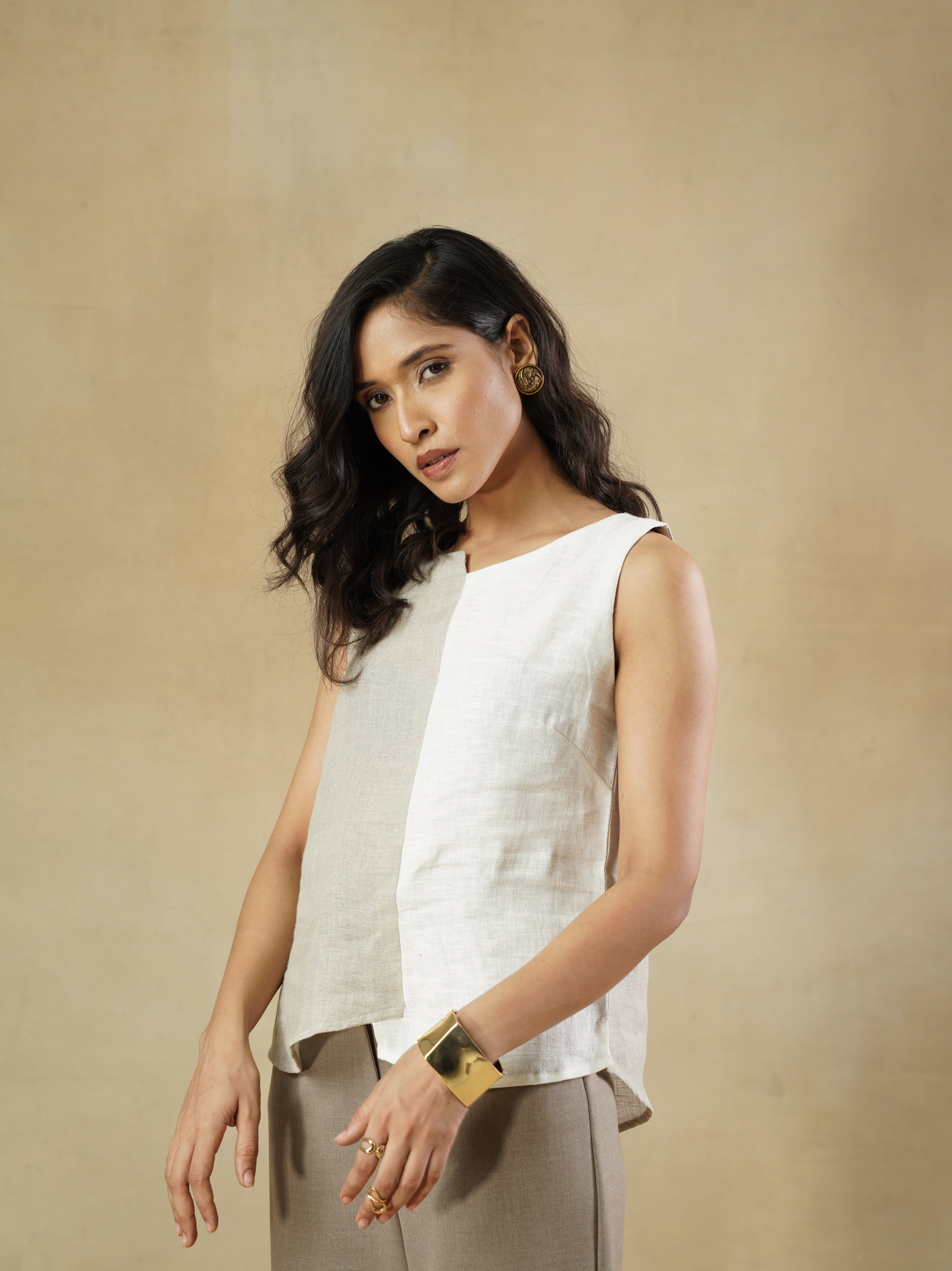 Cotton Linen Color-Blocked Relaxed Fit Top with Uneven Hem