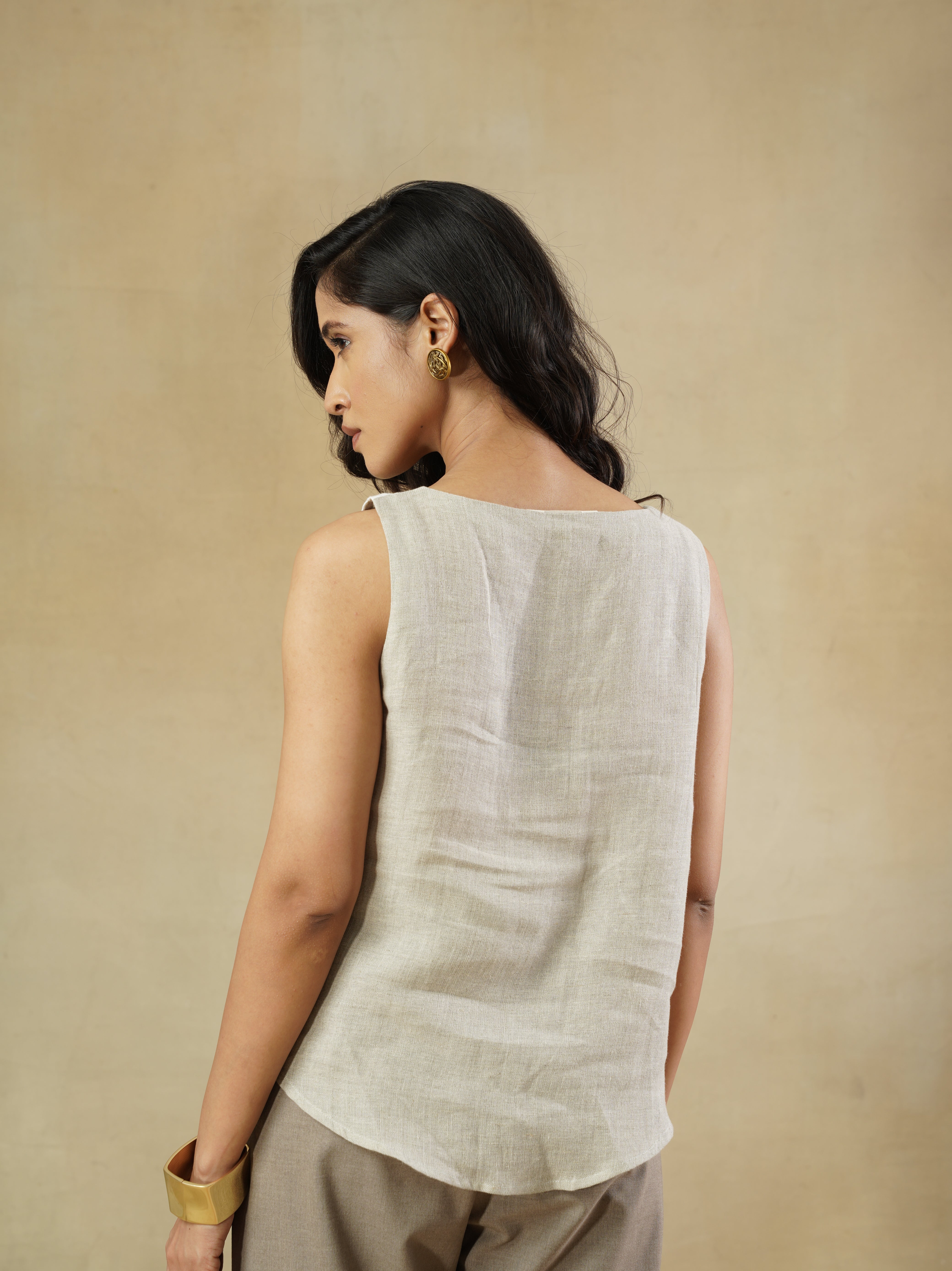 Cotton Linen Color-Blocked Relaxed Fit Top with Uneven Hem