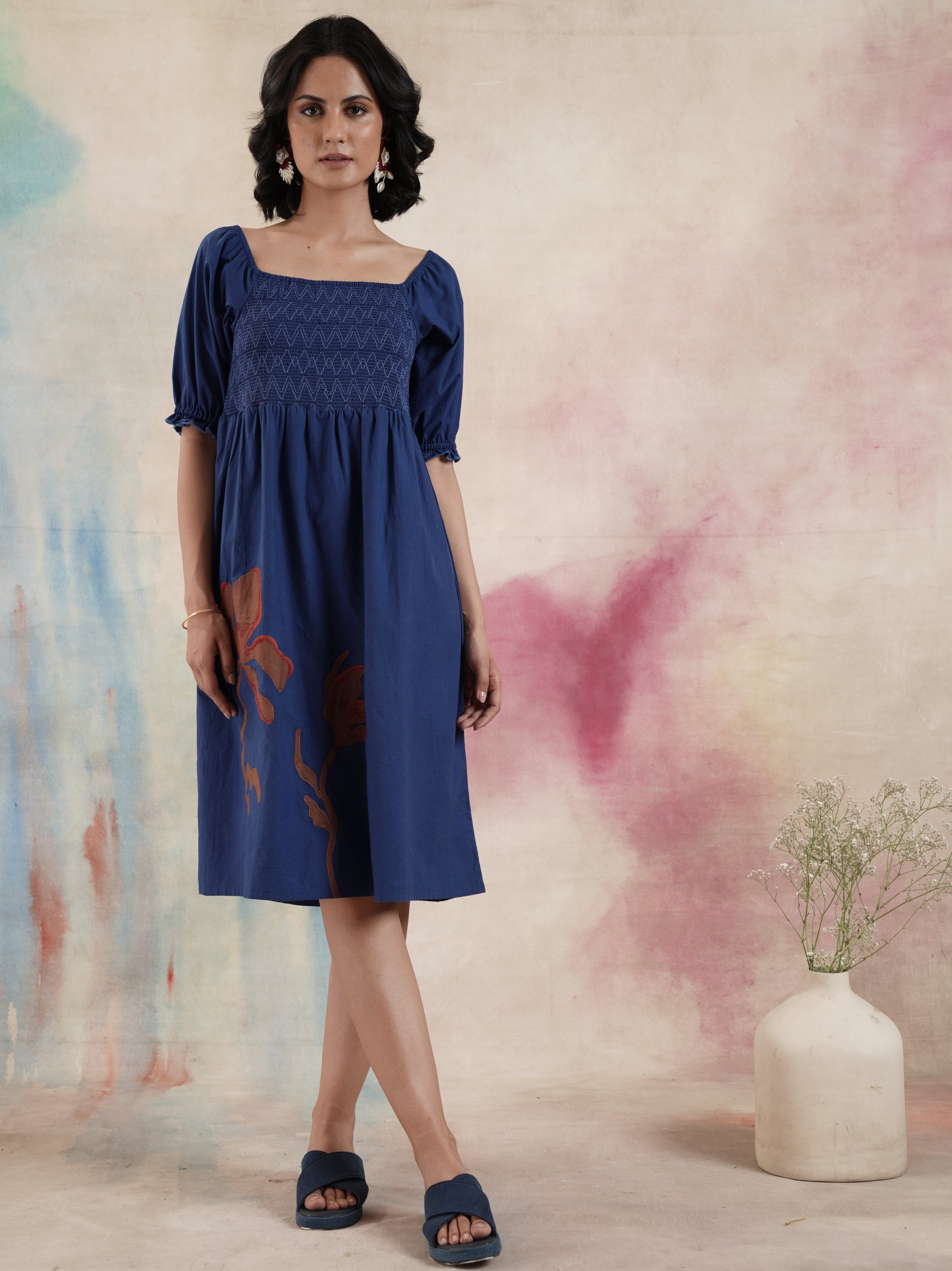 Women's Smocked Cotton Ankle Length Dress