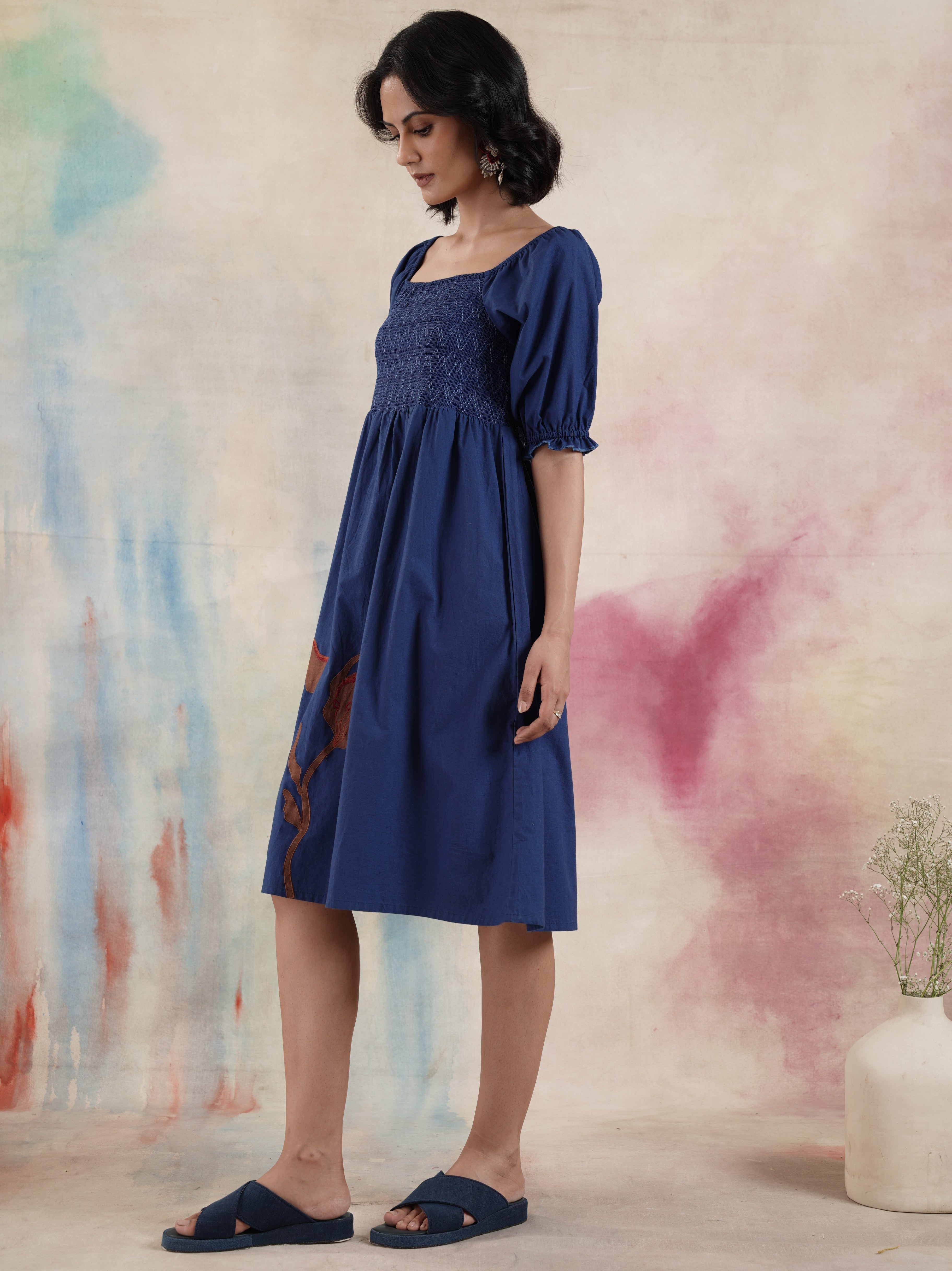 Women's Smocked Cotton Ankle Length Dress