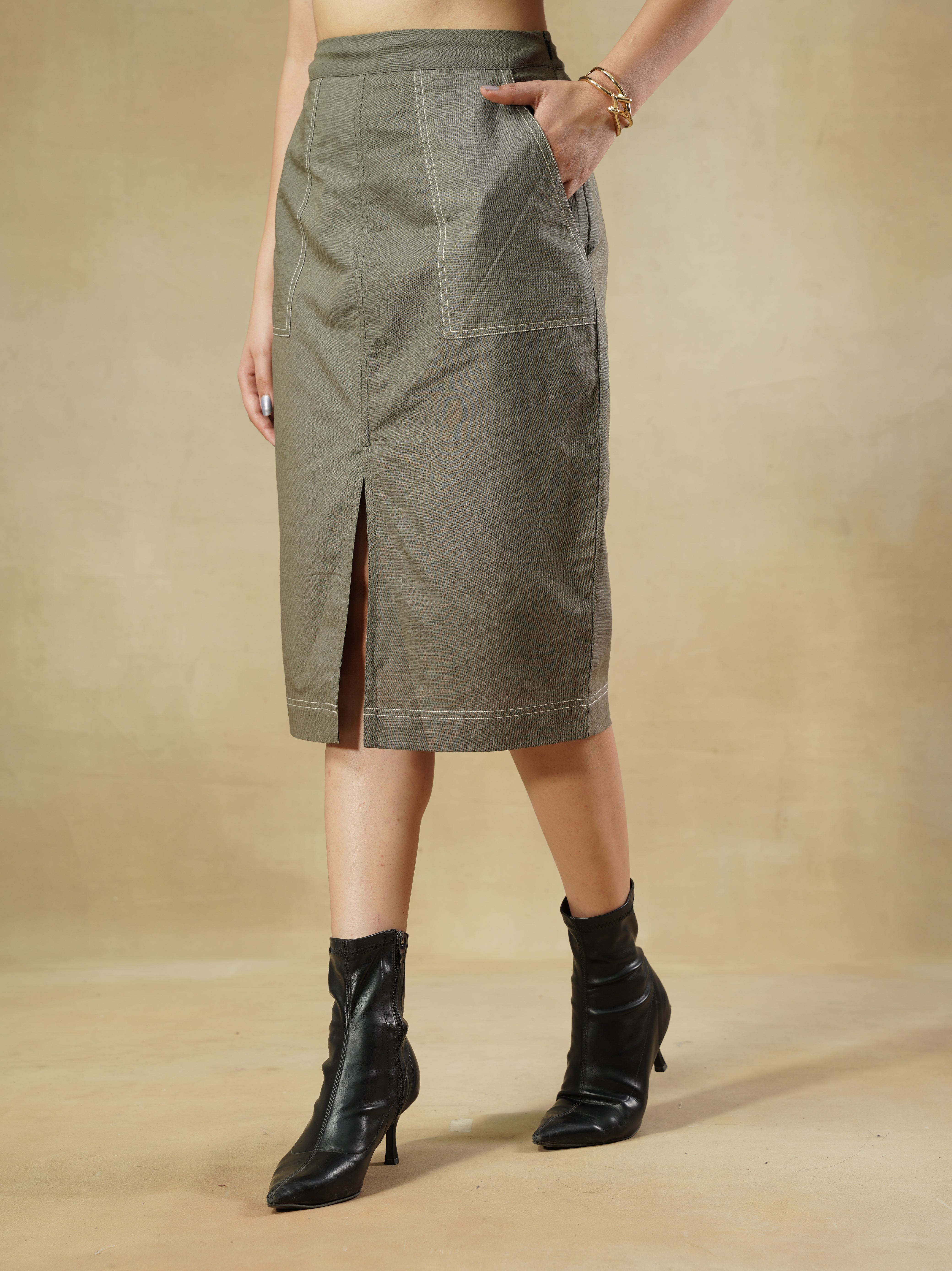 Olive Cotton-Linen Pencil Skirt with Contrast Stitch