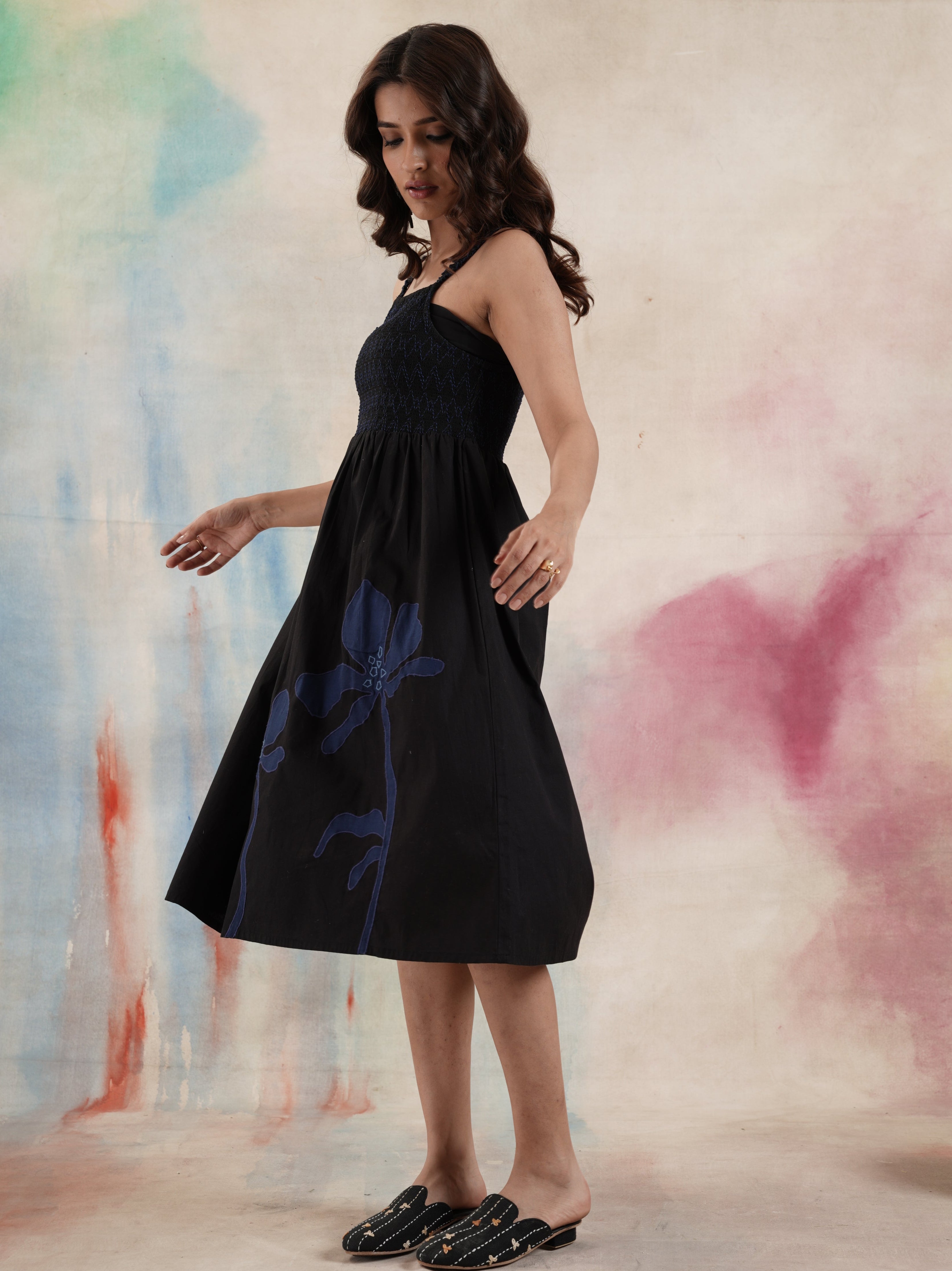 Women's Black Smocked Ankle Length Dress