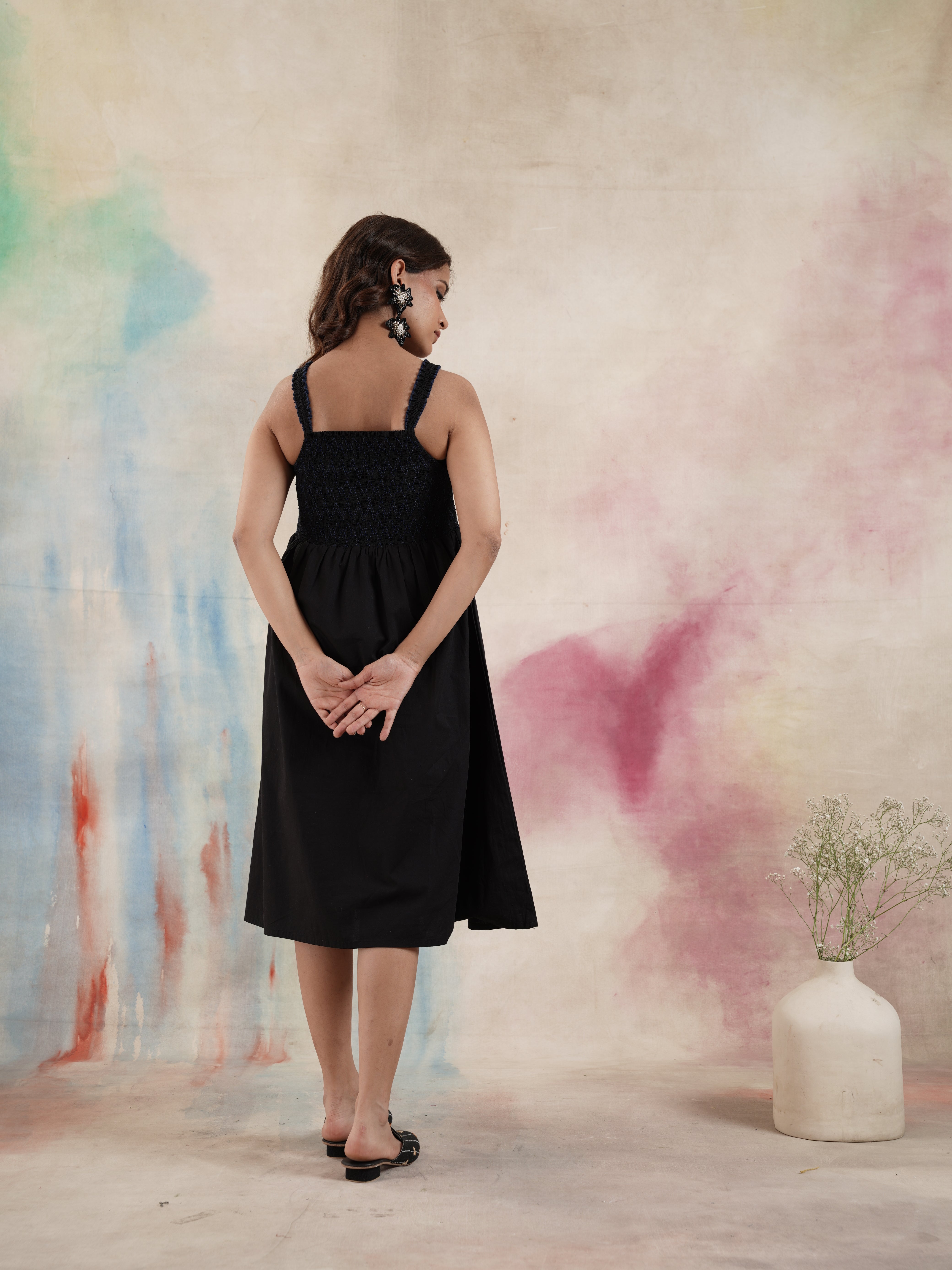 Women's Black Smocked Ankle Length Dress