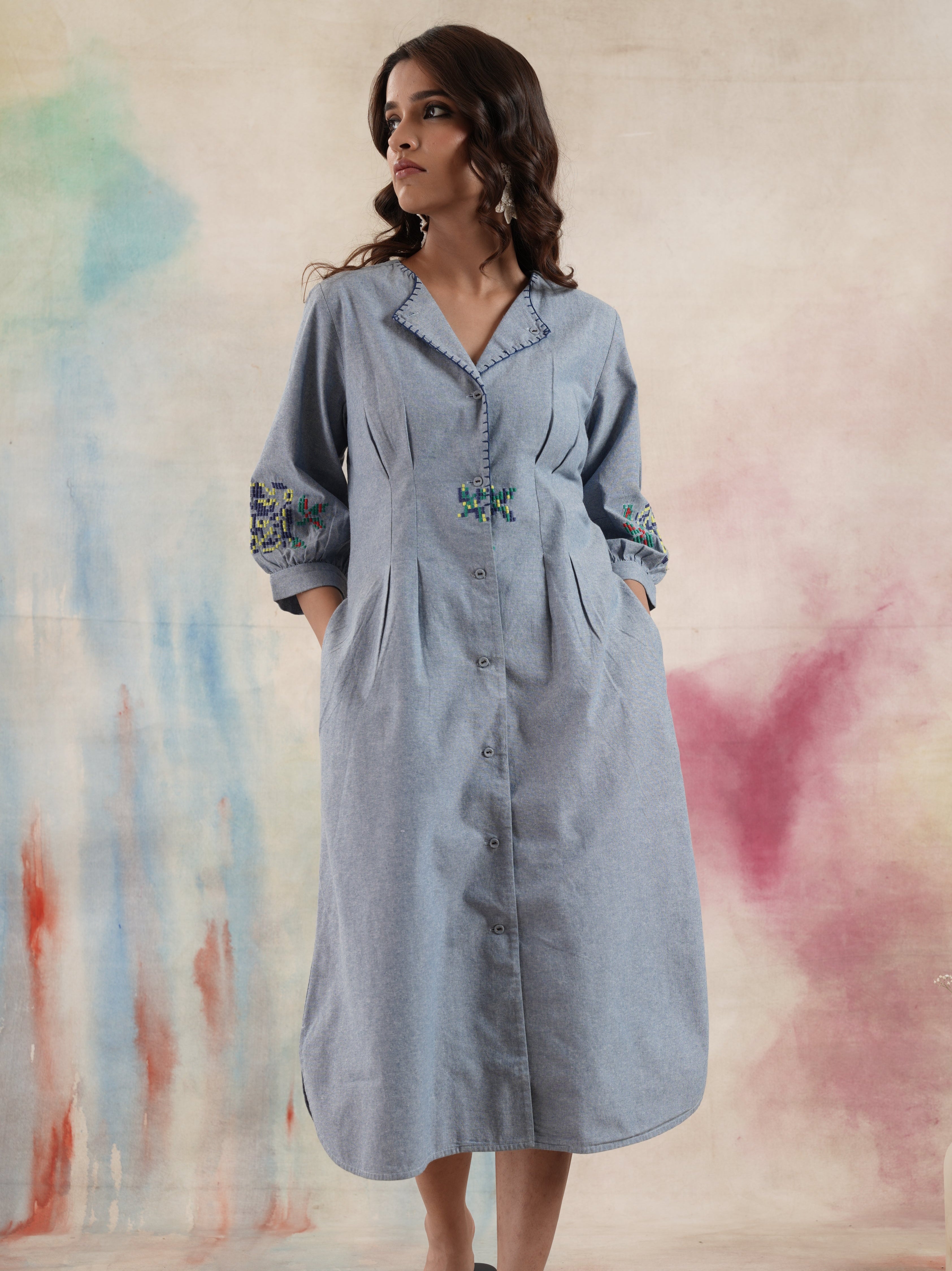 Women's Blue Embroidered Dart Dress