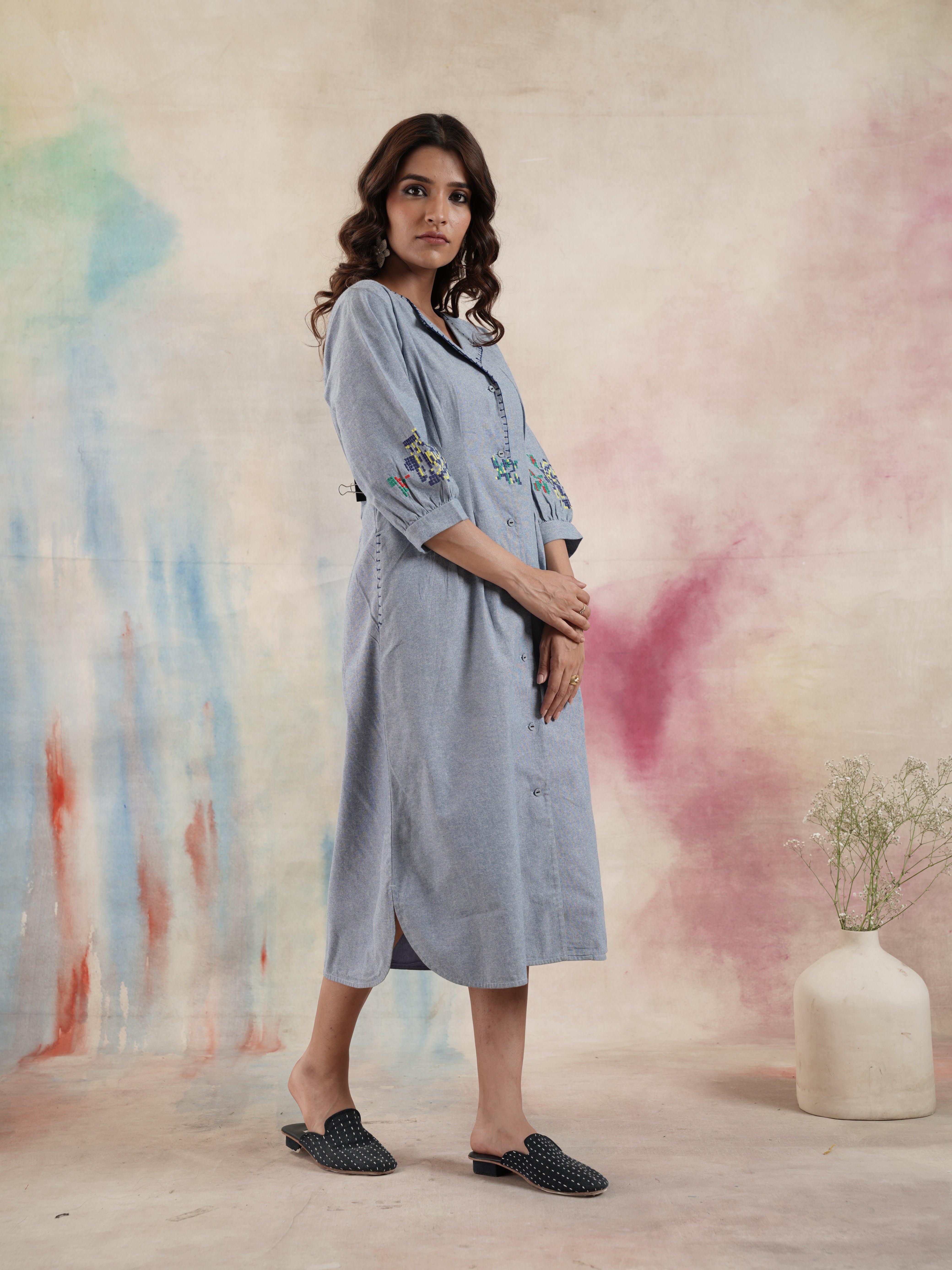 Women's Blue Embroidered Dart Dress