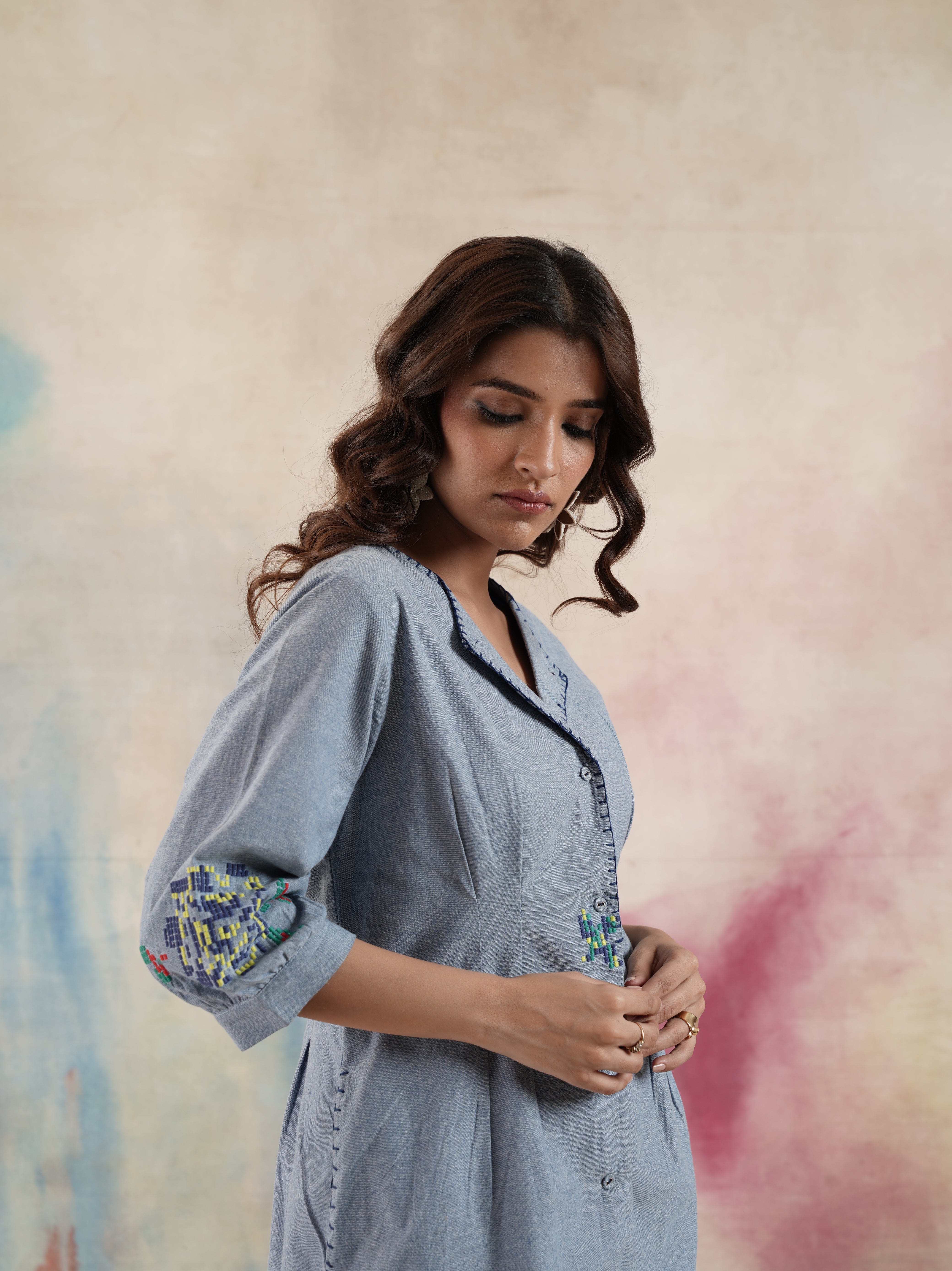 Women's Blue Embroidered Dart Dress