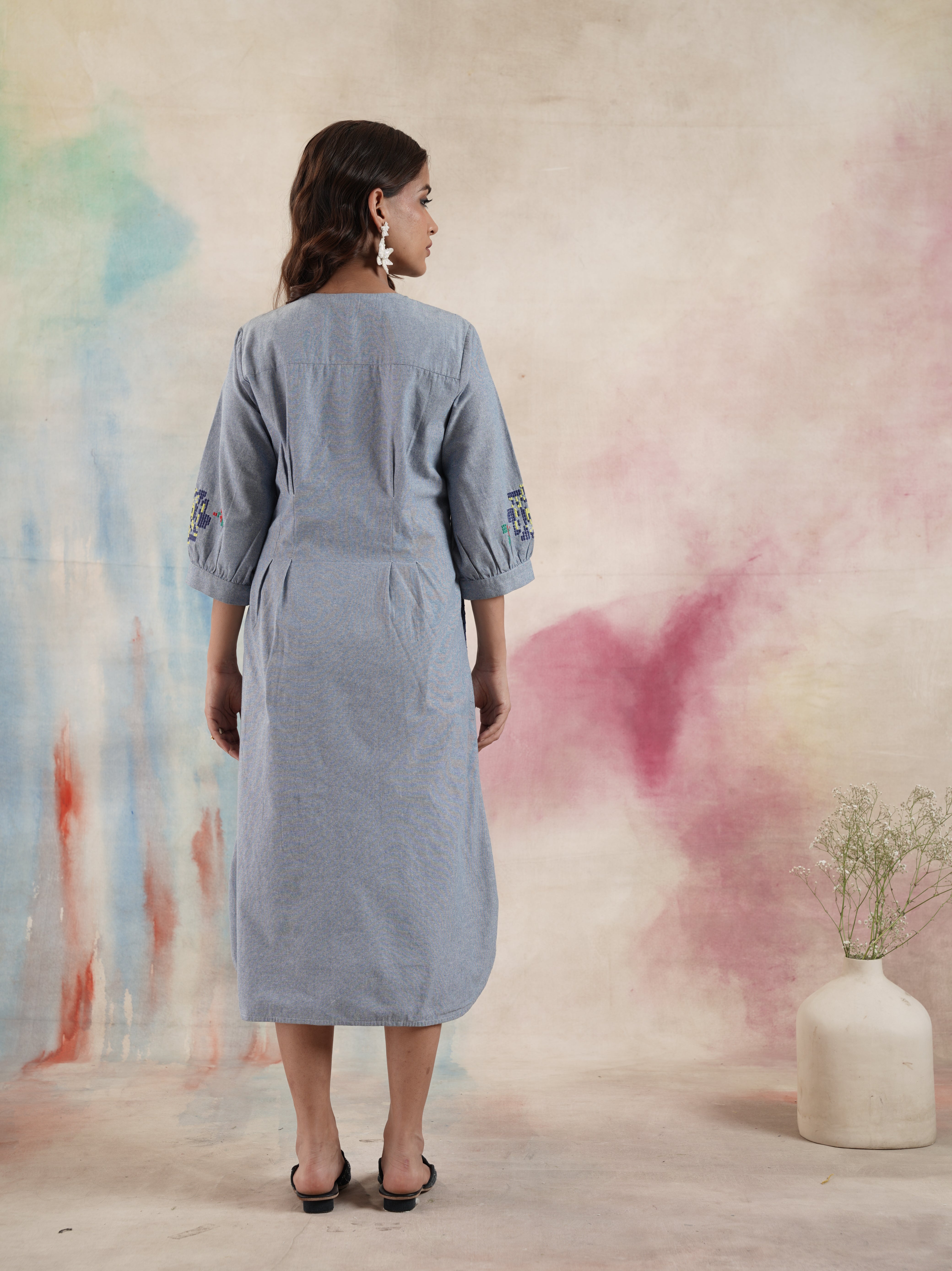 Women's Blue Embroidered Dart Dress