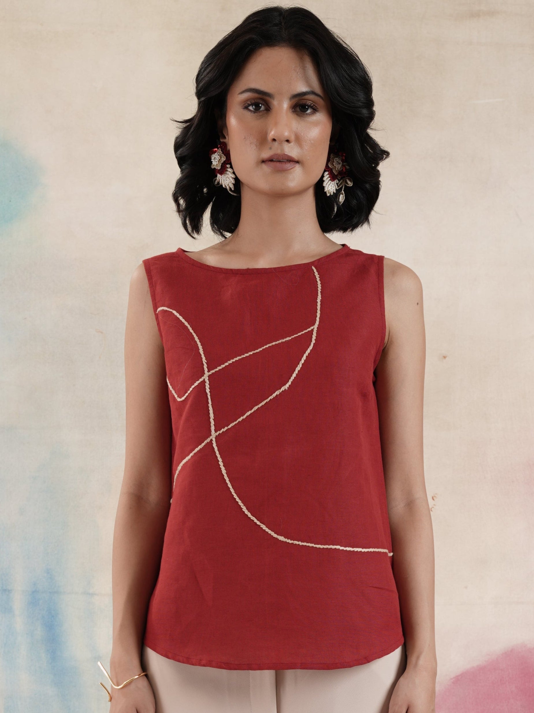 Women's Red Sleeveless Cotton Linen Top