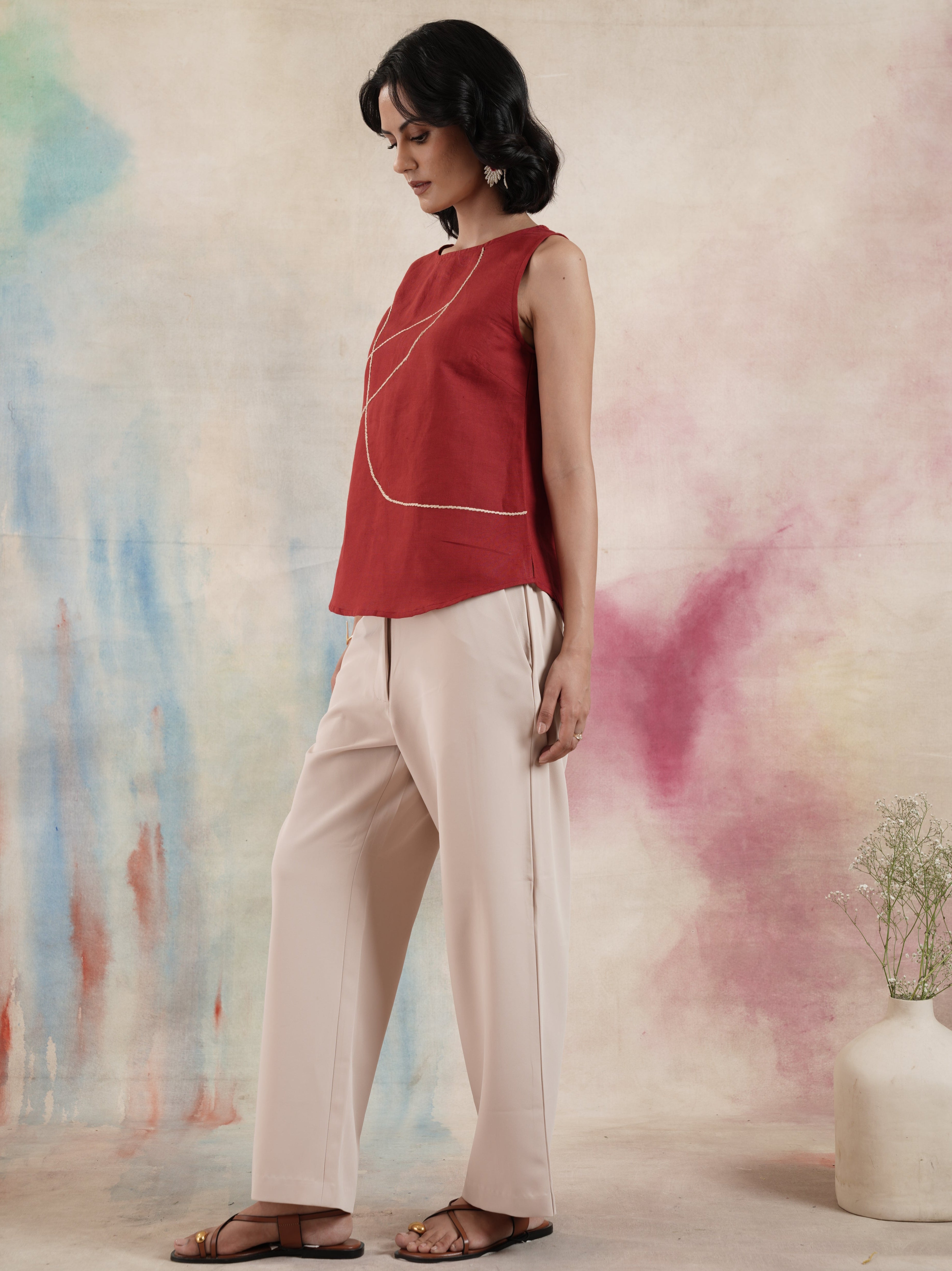 Women's Red Sleeveless Cotton Linen Top