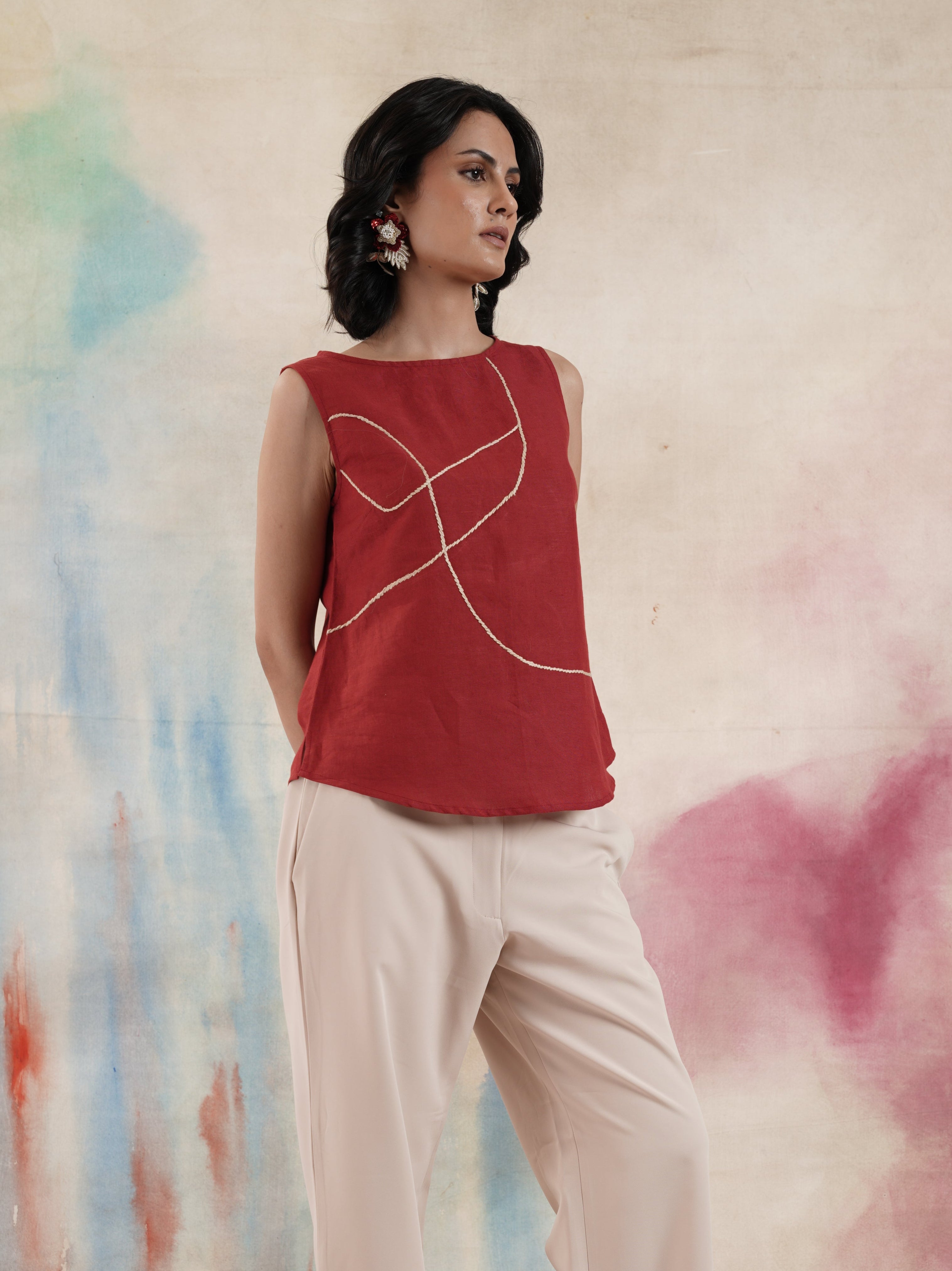 Women's Red Sleeveless Cotton Linen Top