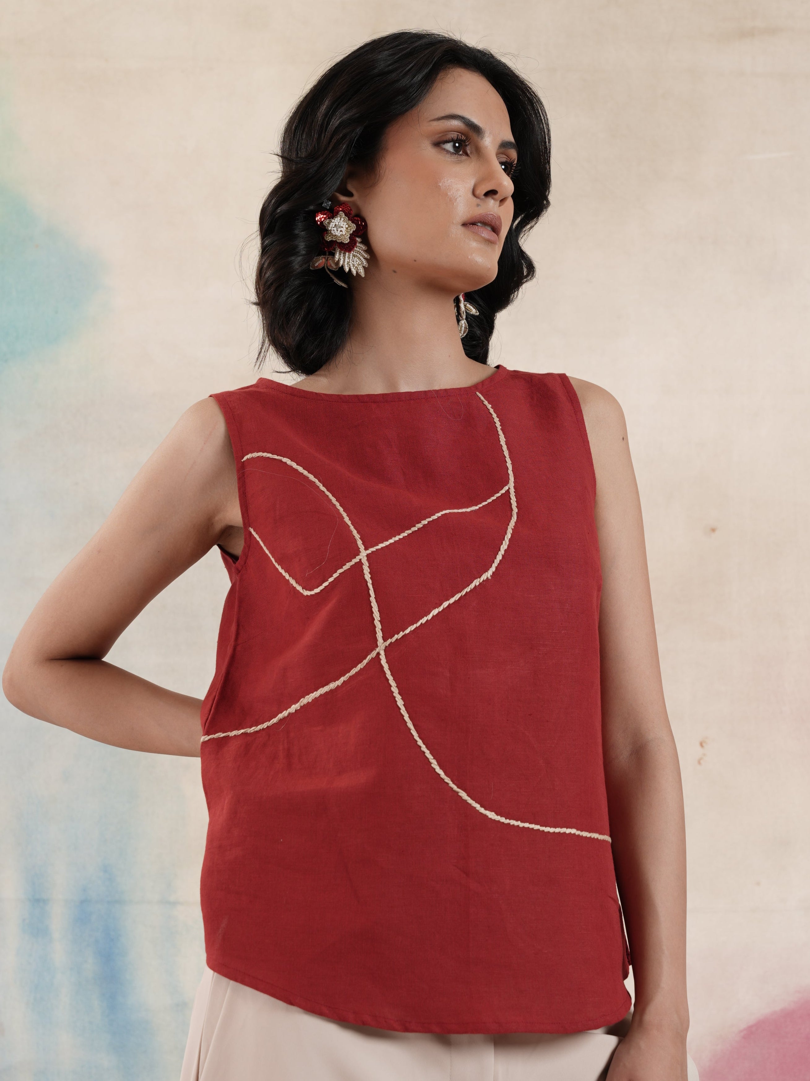 Women's Red Sleeveless Cotton Linen Top