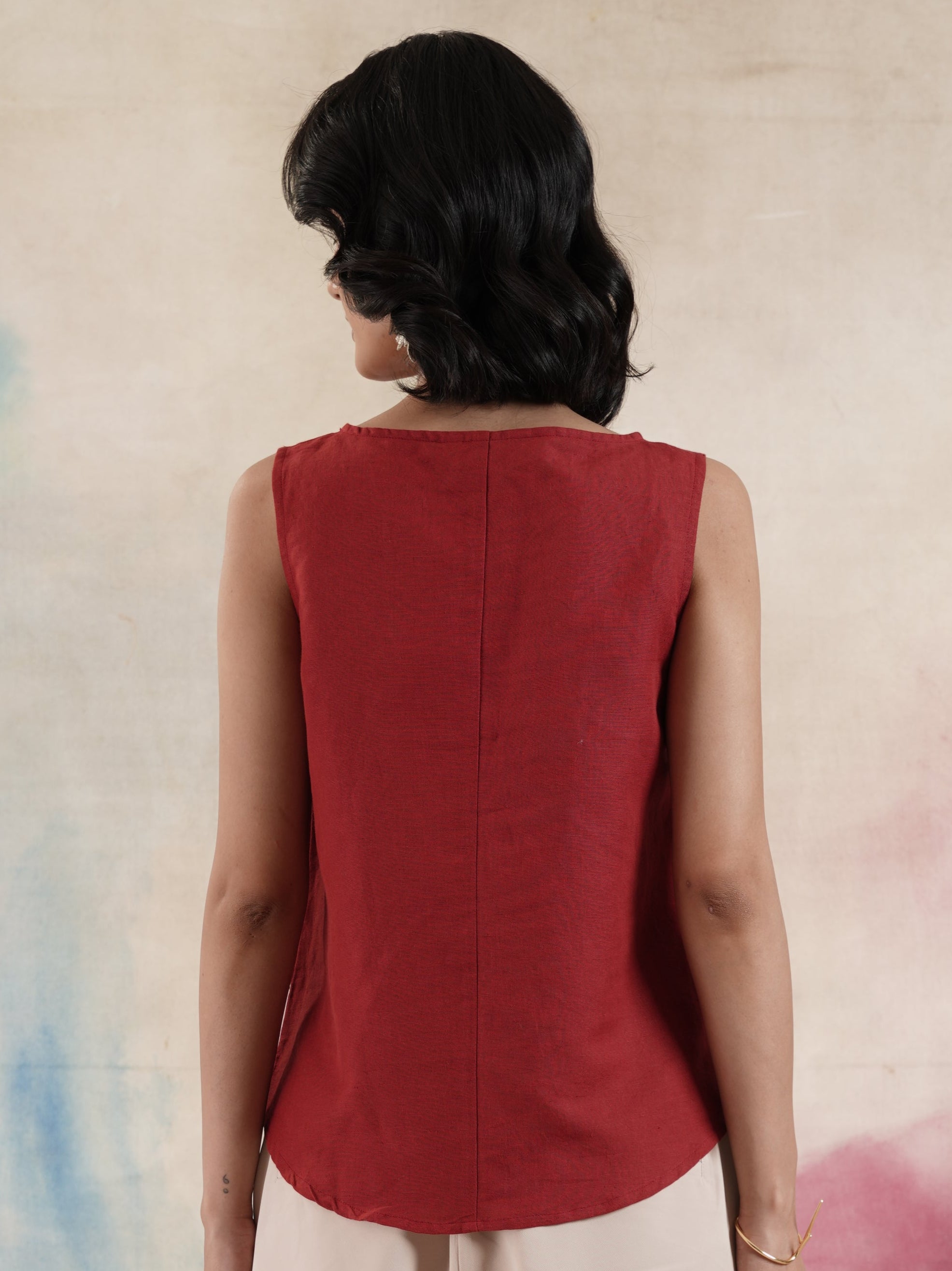 Women's Red Sleeveless Cotton Linen Top