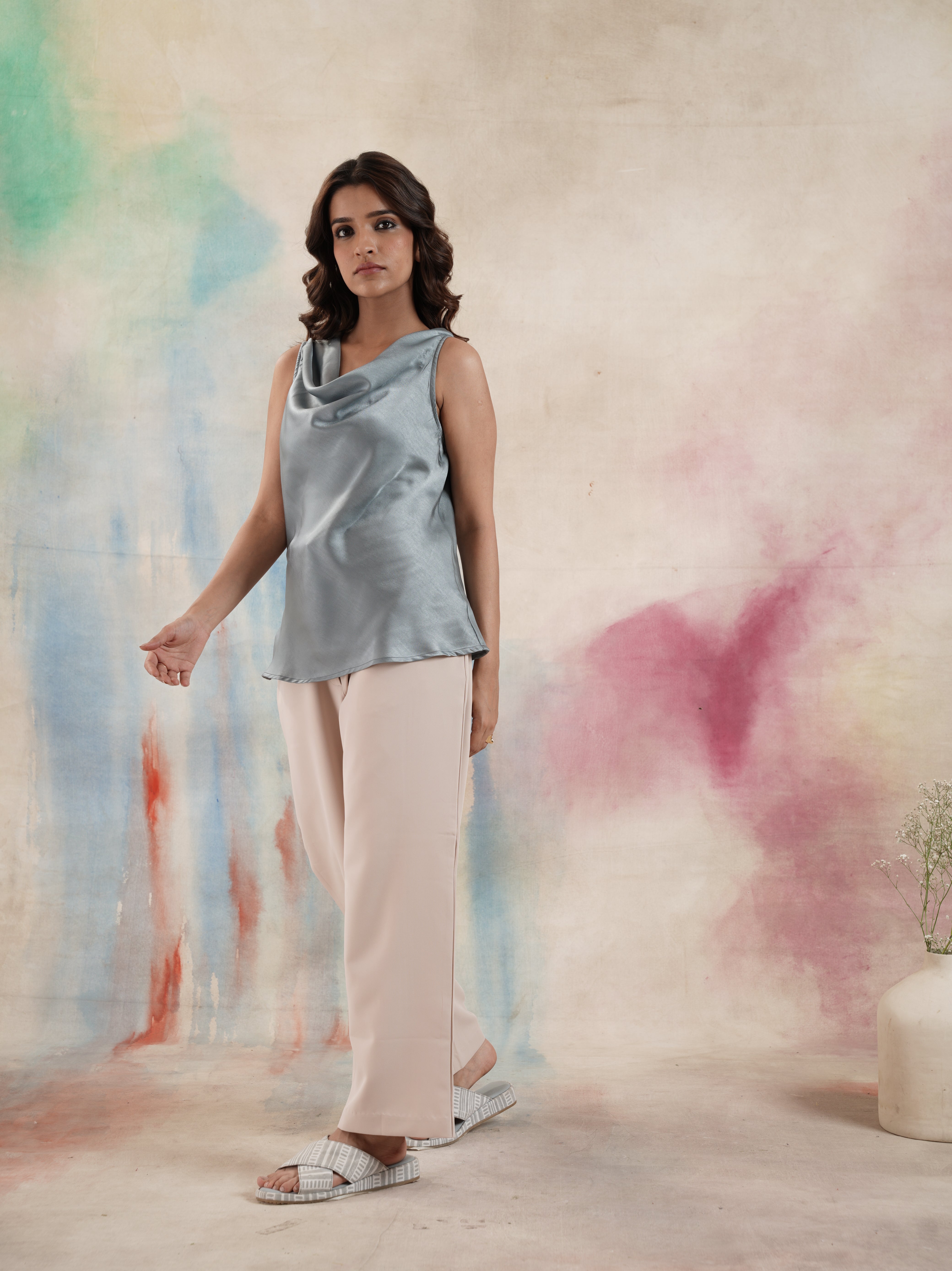 Women's Cowlneck Sleeveless Blue Top