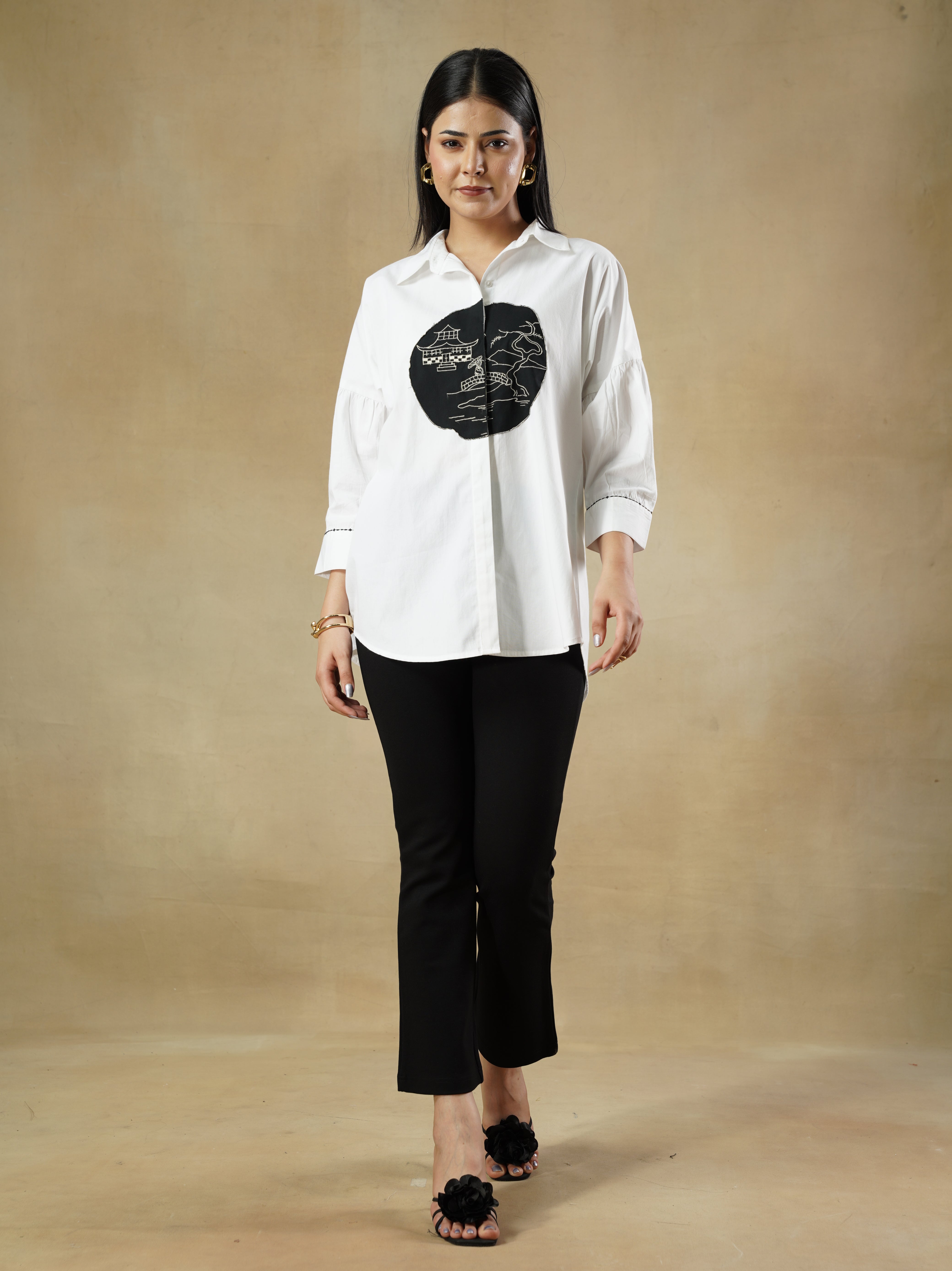 White Crisp Cotton Shirt with Gathered Drop-Shoulder Sleeves