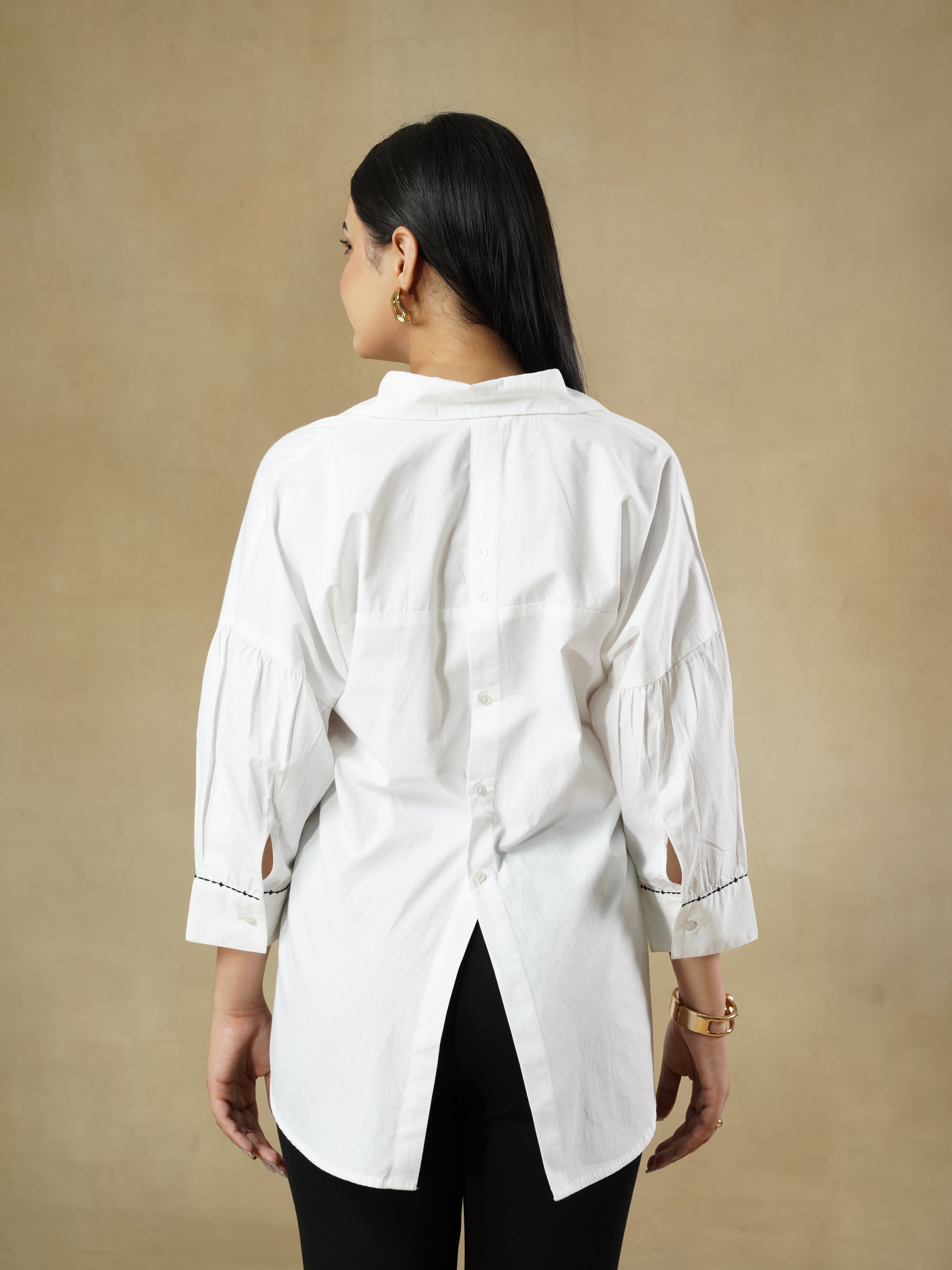 White Crisp Cotton Shirt with Gathered Drop-Shoulder Sleeves